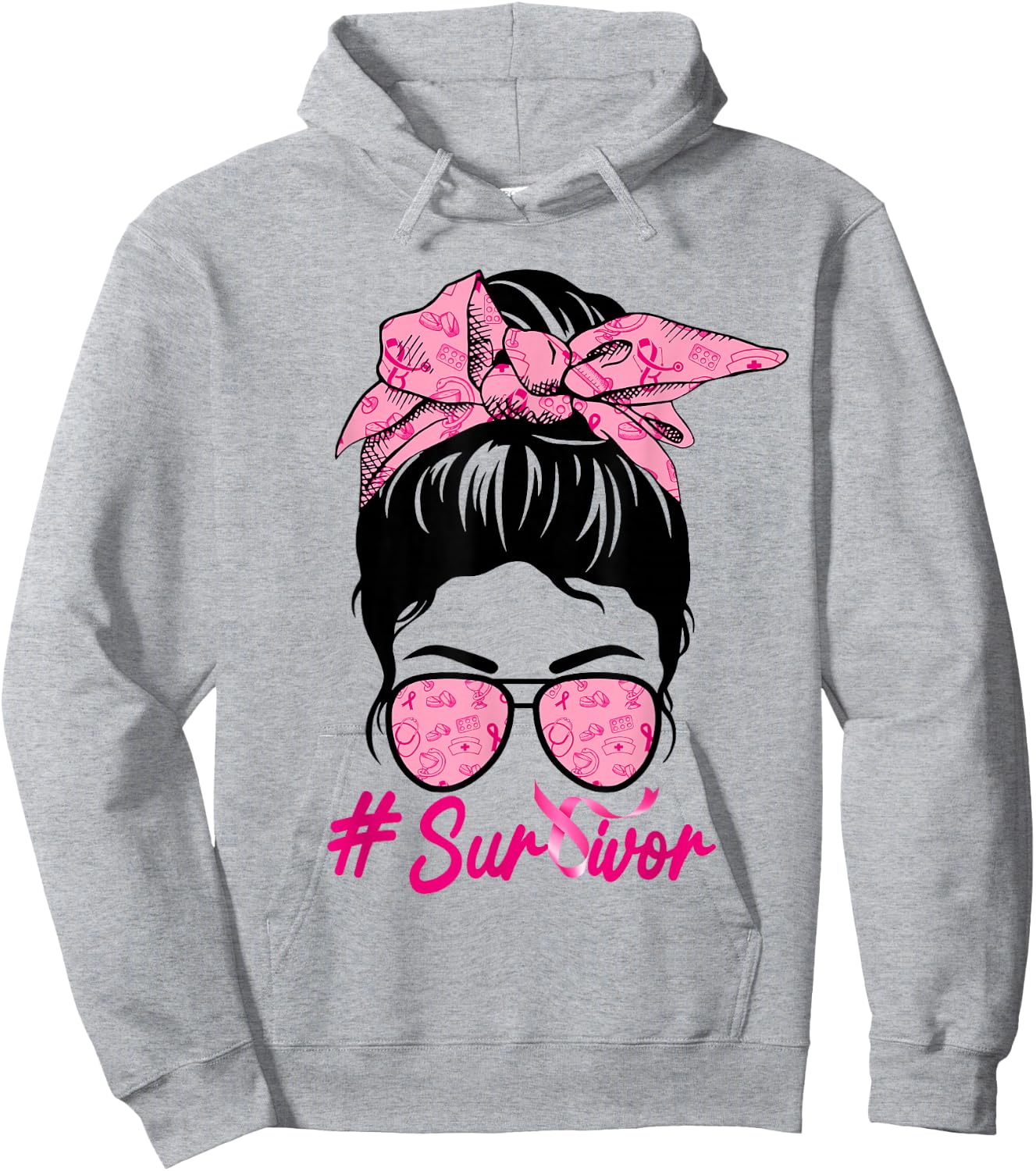 Survivor Messy Bun Pink Breast Cancer Awareness Hoodie - Hoodie | Ash
