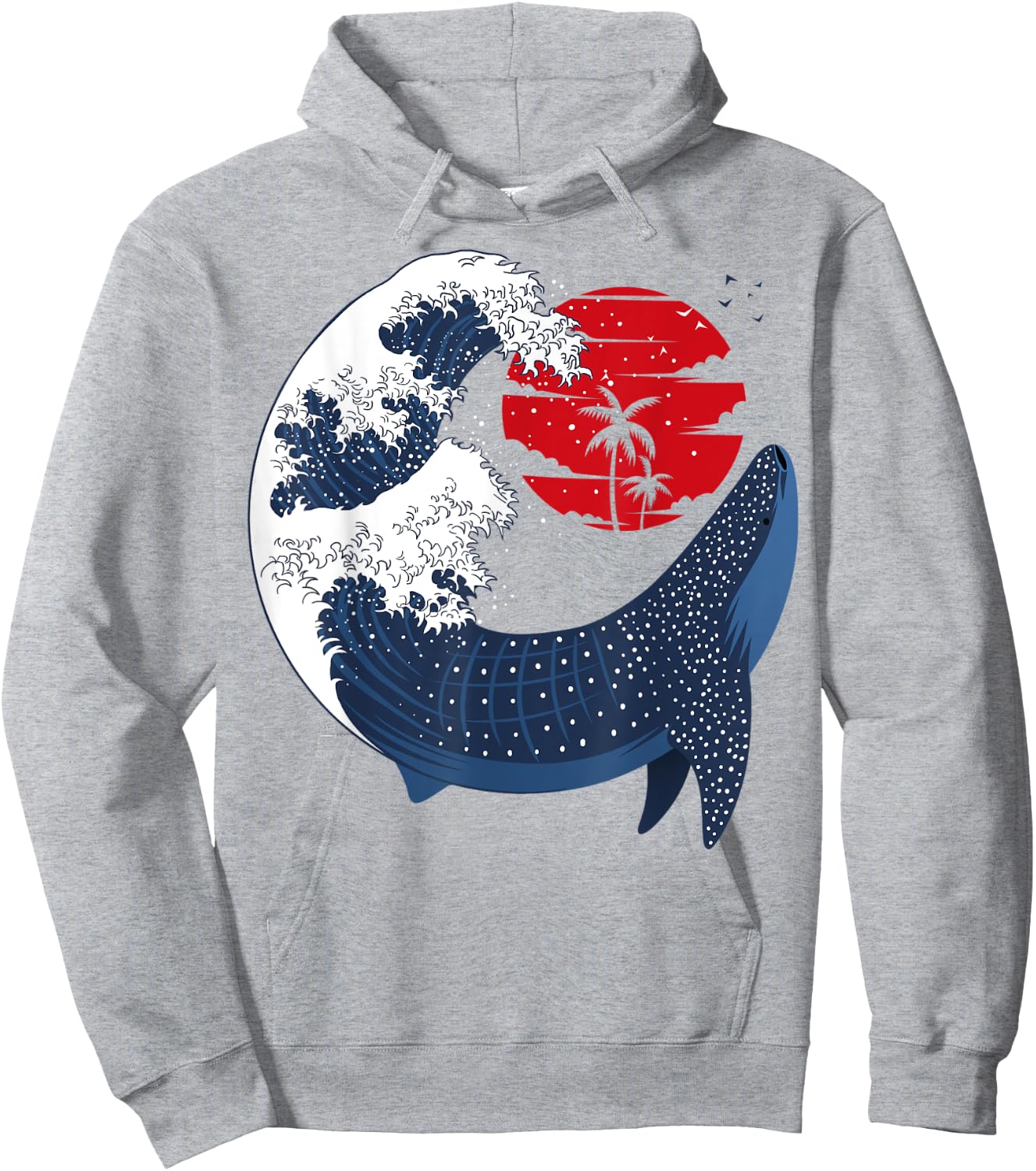 Large Shark Whale Japanese Wave Hoodie - Hoodie | Ash