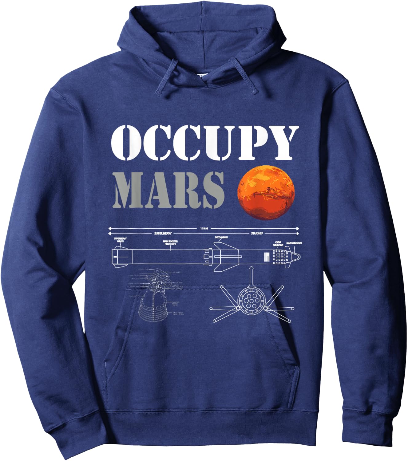 Occupy Mars Space Rocket Blueprint Hoodie - Hoodie | Navy