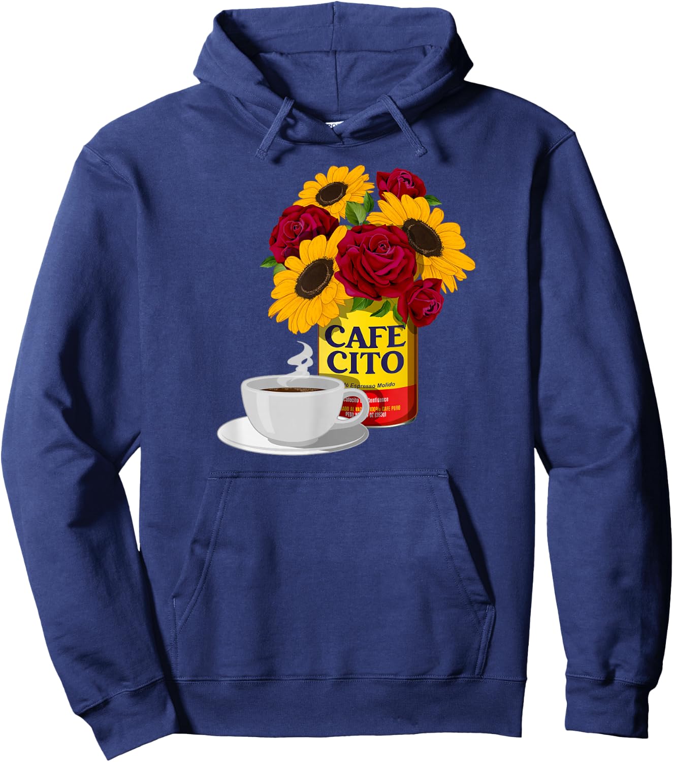 Cafecito and Confidence Cafe con Flores - -Adults, Black, Small, Short Sleeve, Classic Fit, Cotton Blend, Floral, Vacation, Classic, Unique Design Hoodie - Hoodie | Navy