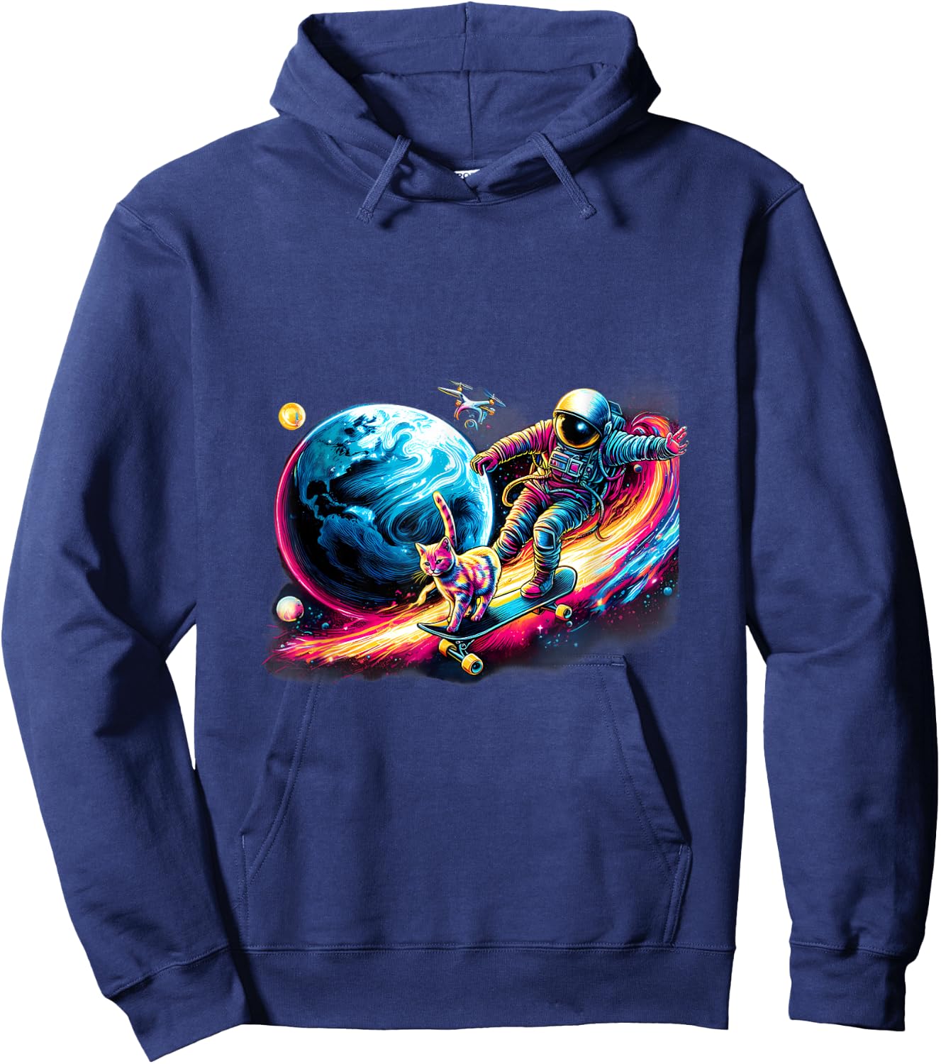 Cat And Astronaut Skateboarding The Outer Space Hoodie - Hoodie | Navy