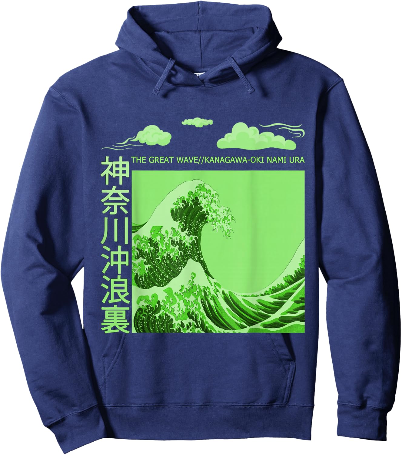 Big Wavy Japanese Green Color Graphic Hoodie - Hoodie | Navy