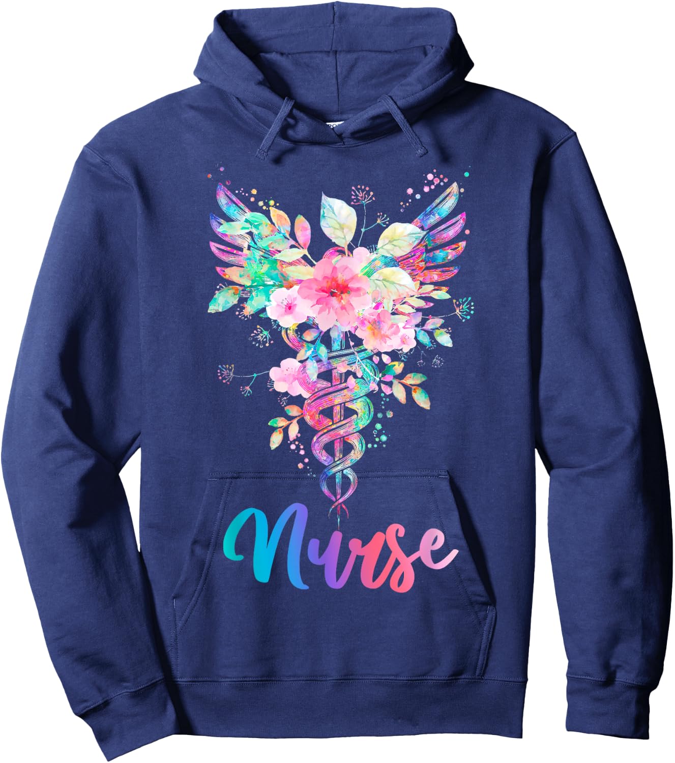 Nurse Watercolor Floral Caduceus Hoodie - Hoodie | Navy