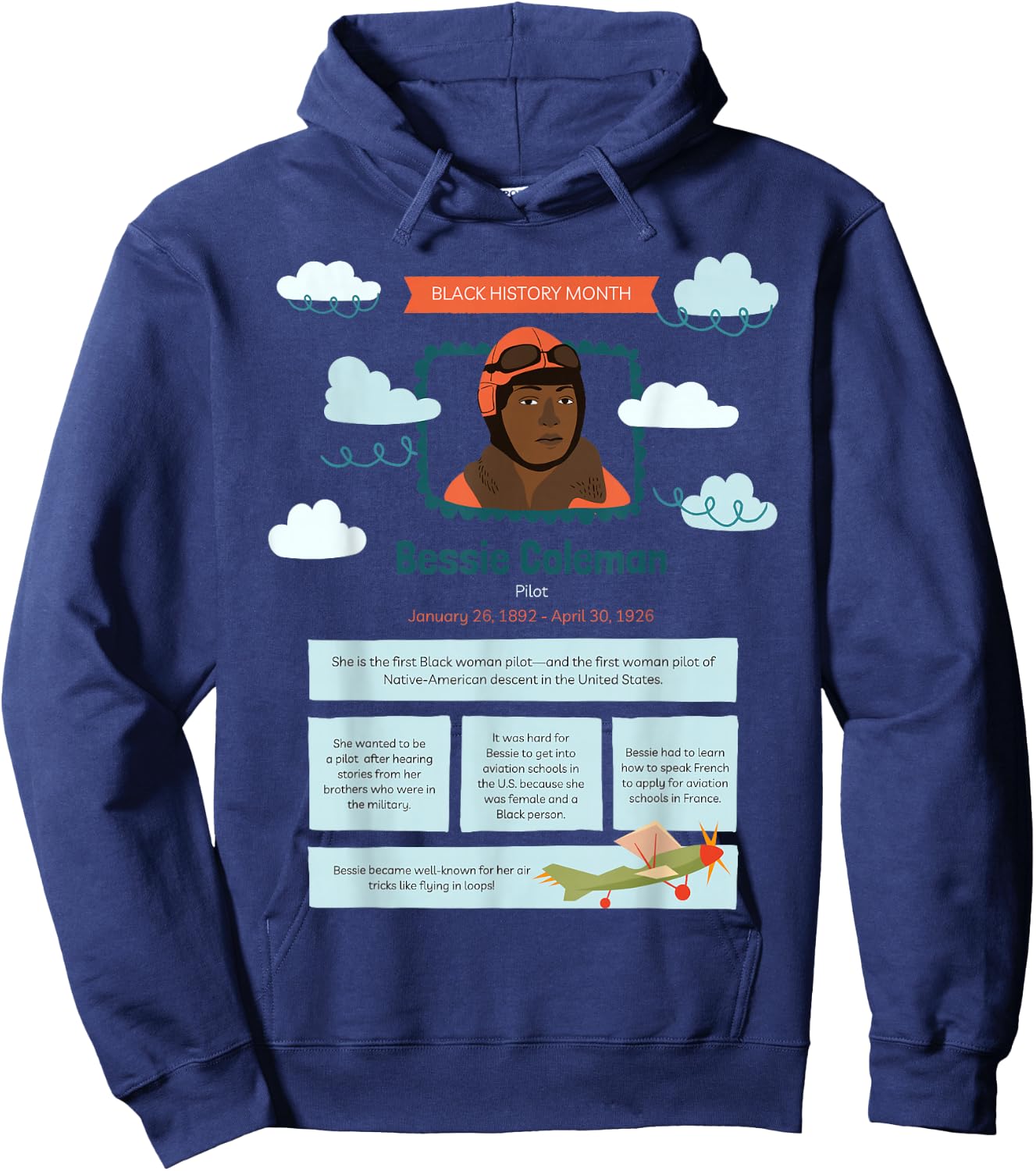 Black History Month Bessie Coleman Pilot Hoodie - Hoodie | Navy