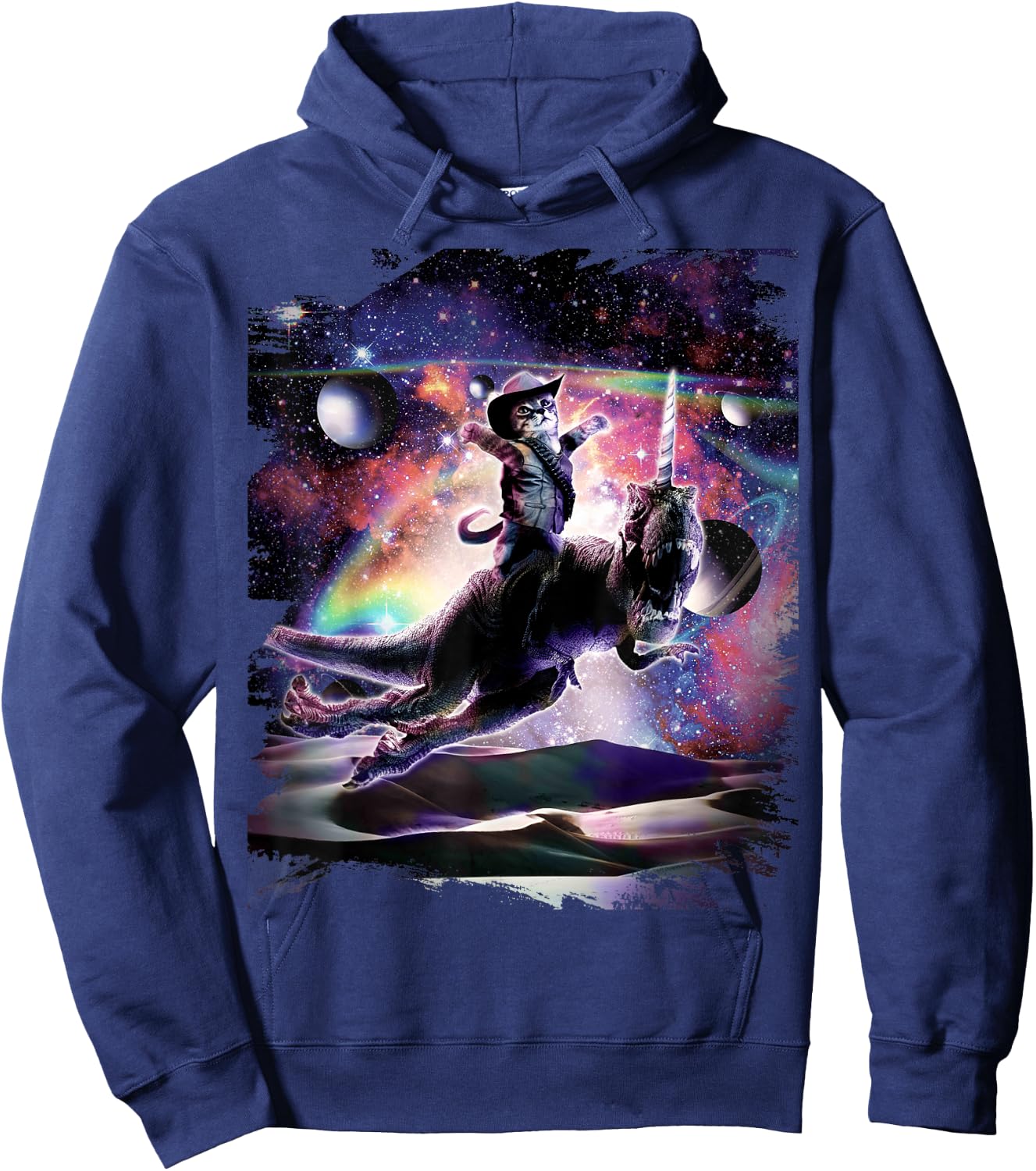 Galaxy Cat On Dinosaur Unicorn In Space Hoodie - Hoodie | Navy