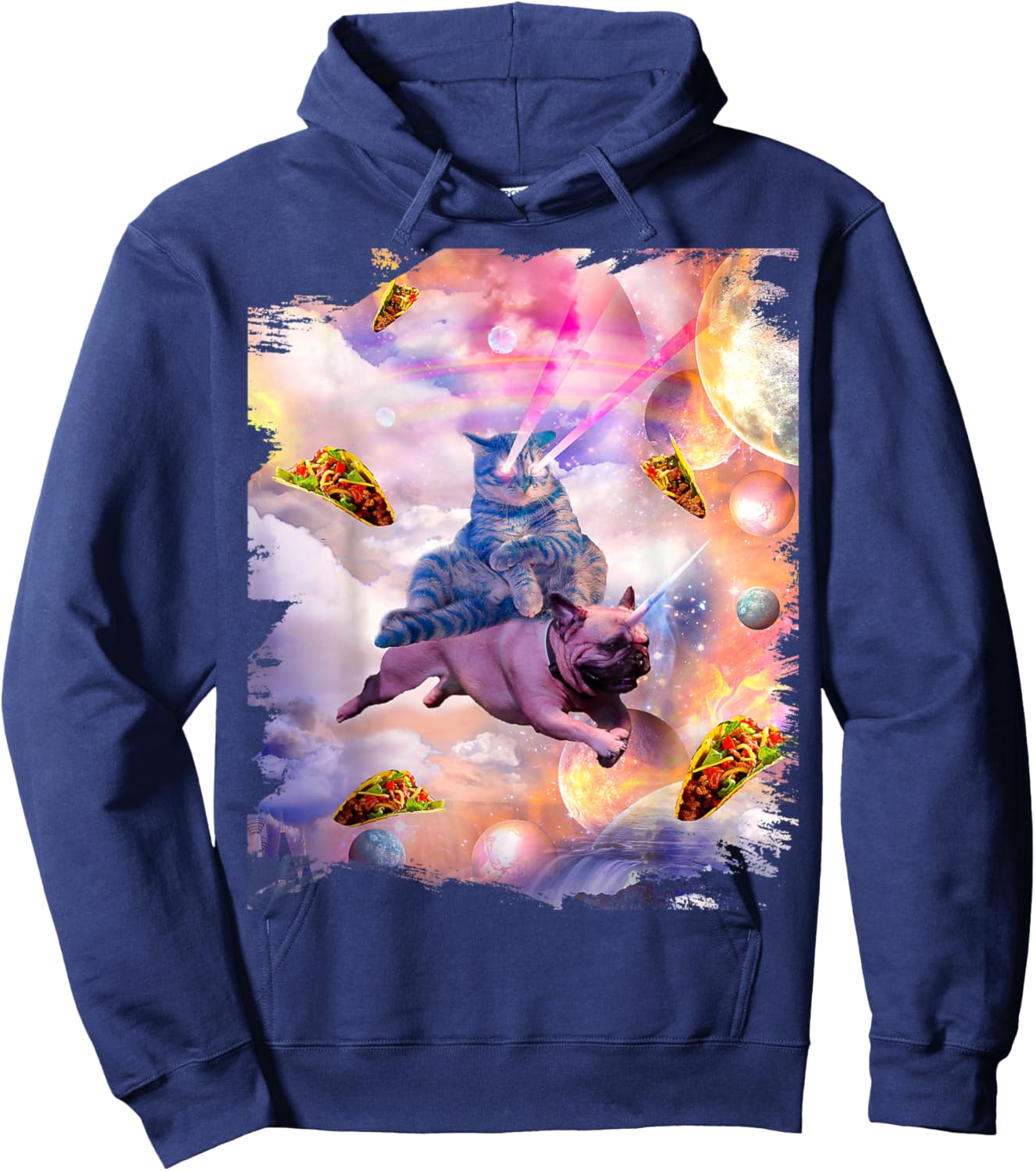 Cosmic Laser Cat Riding Unicorn Pug Hoodie - Hoodie | Navy