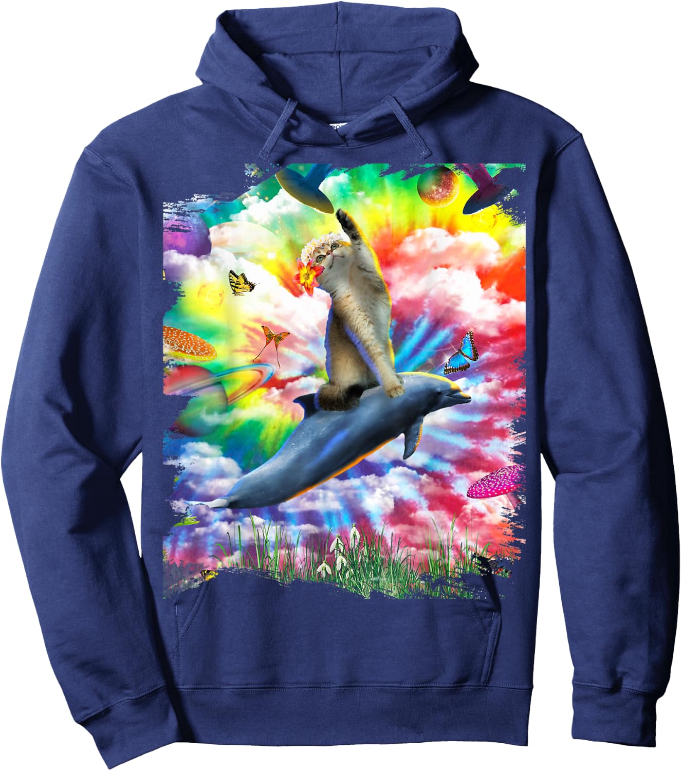 Cat Riding Dolphin Trippy Tie Dye Hoodie - Hoodie | Navy
