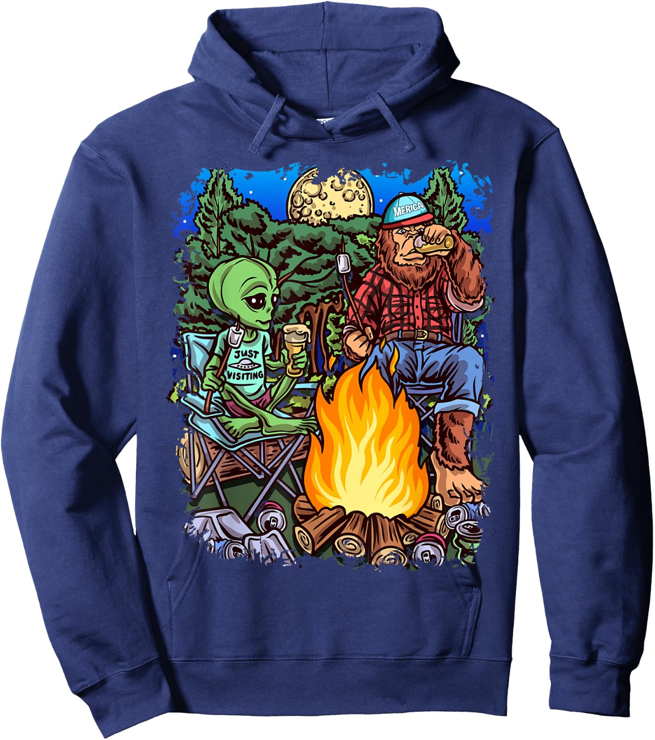 Funny Alien Camping Bigfoot Sasquatch Lumberjack Black Cotton Polyester , Men's Small, Short Sleeve, , Classic Fit, All Seasons, Imported Hoodie - Hoodie | Navy