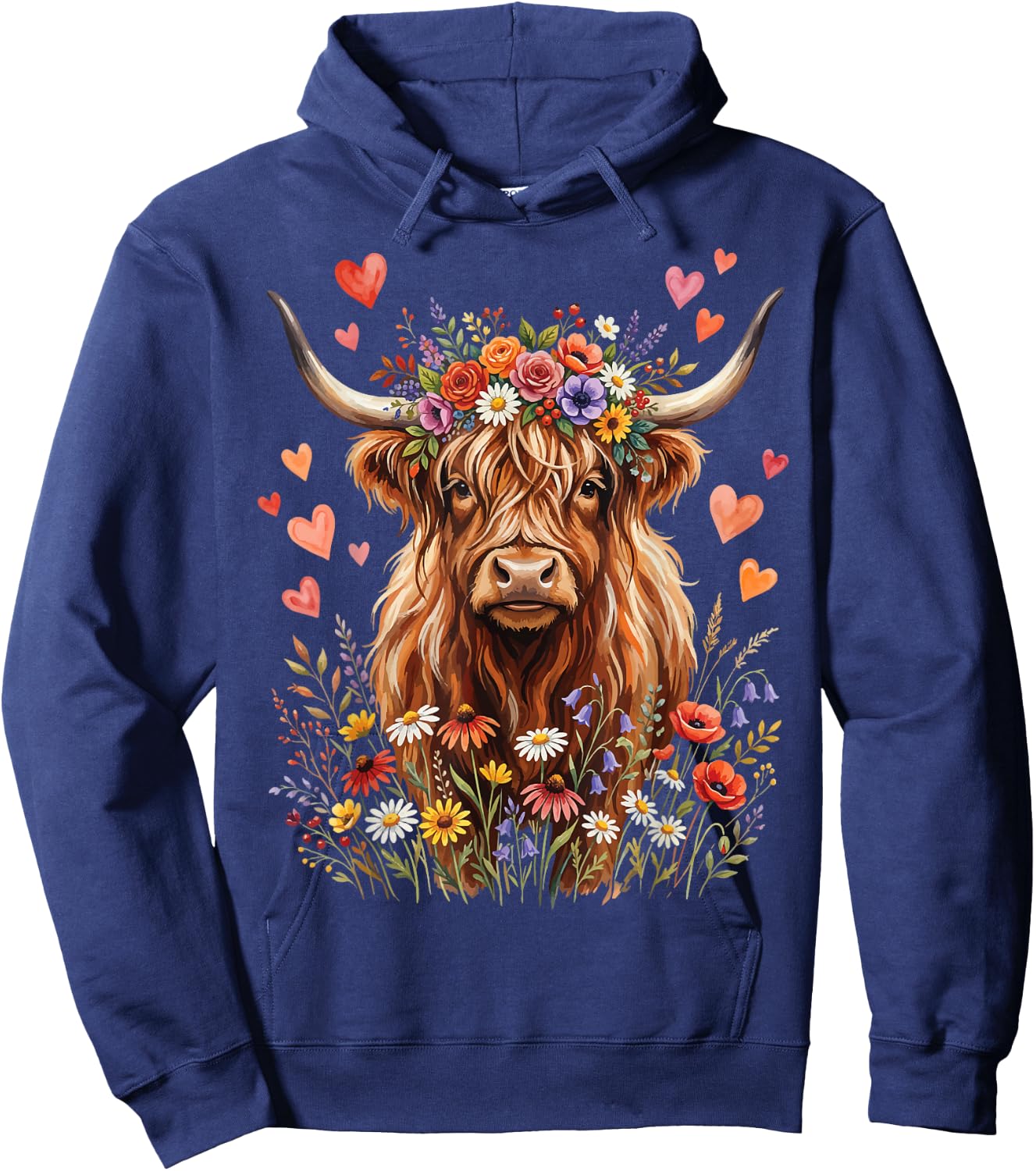 Highland Cow Floral Cute Hoodie - Hoodie | Navy
