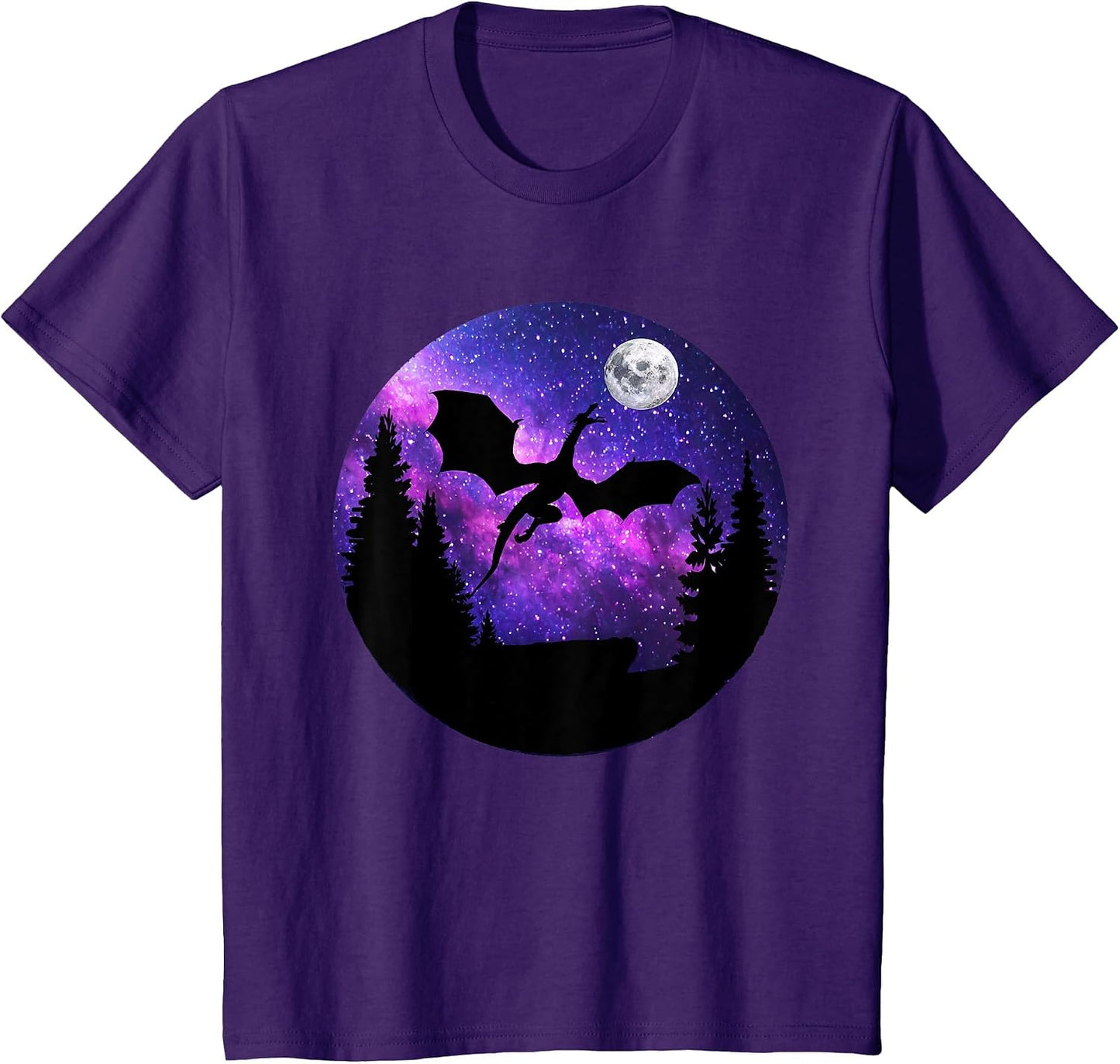 Dragon in Night Sky Full Moon Purple Galaxy Cosmic Art