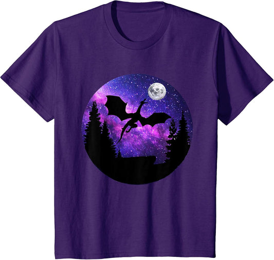 Dragon in Night Sky Full Moon Purple Galaxy Cosmic Art