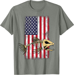 Fish USA Flag Shirts Skeleton Fish Bone Sharp Teeth