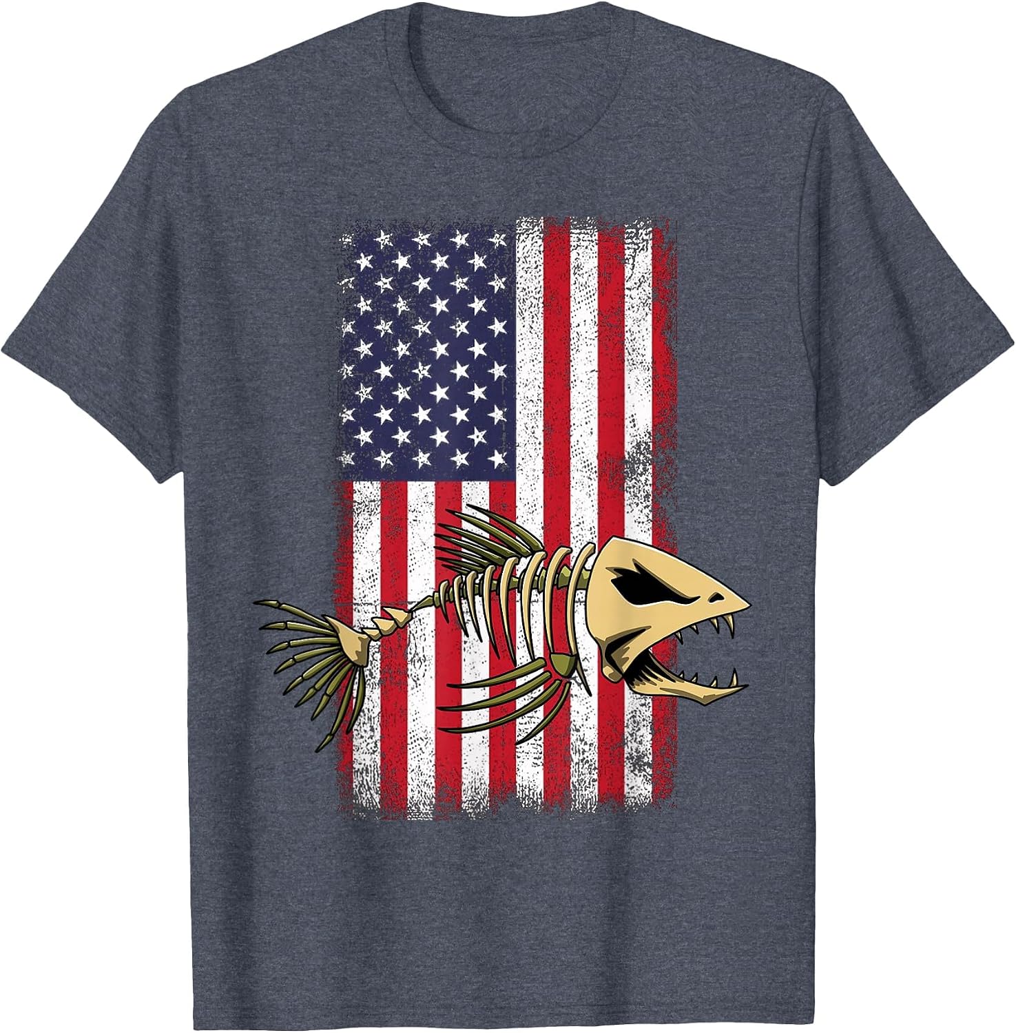 Fish USA Flag Shirts Skeleton Fish Bone Sharp Teeth