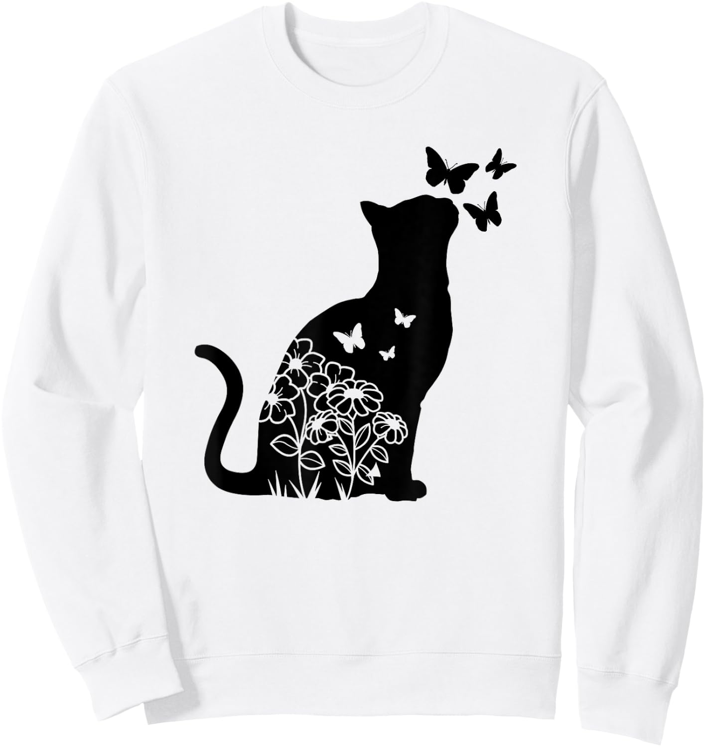 Cat Lover Flowers Butterfly Floral Women Girls, Cat Mom Cute Sweatshirt - Sweatshirt | White