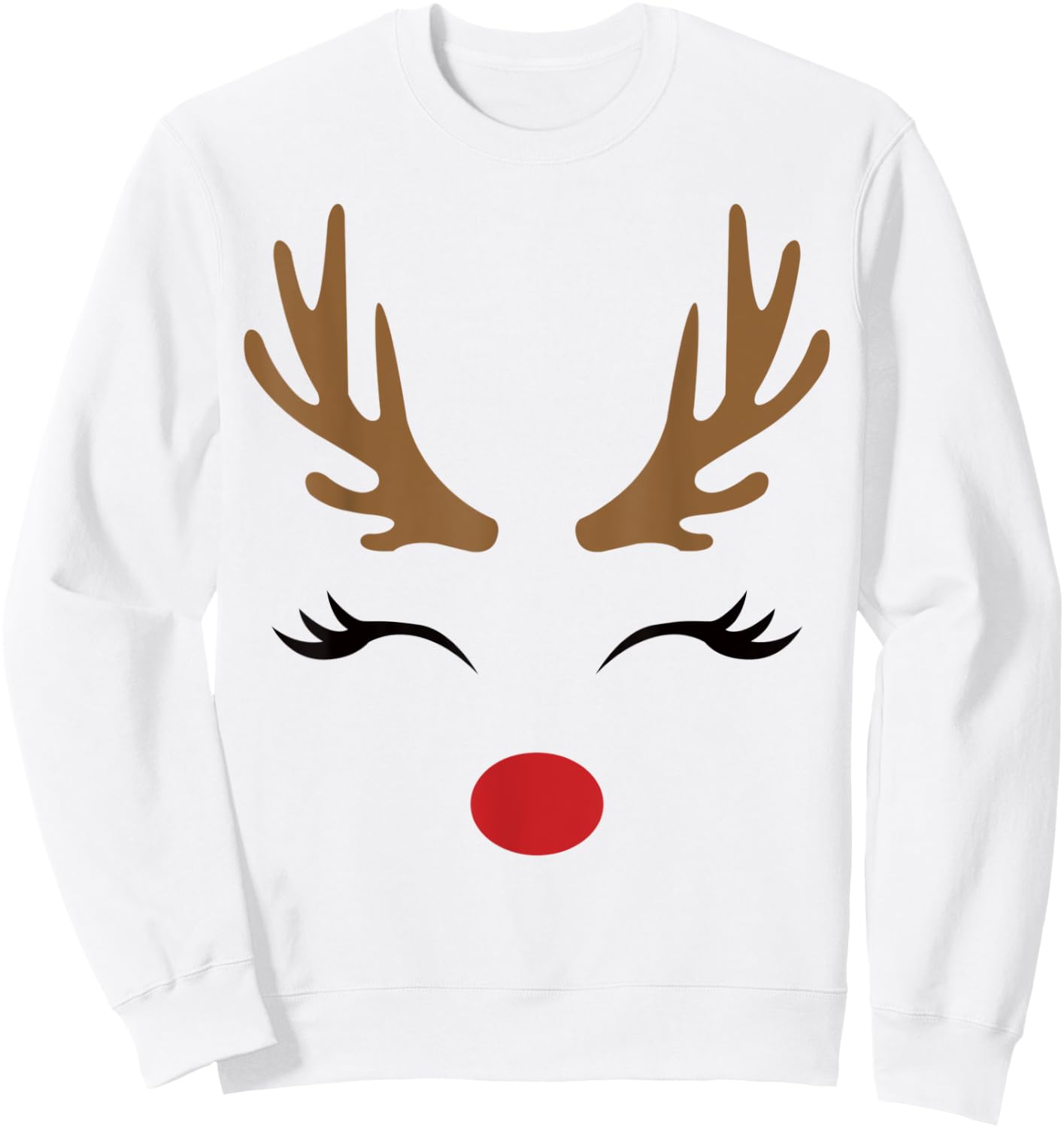 Cute Lady Reindeer Face with Eyelashes & Antlers - Novelty Sweatshirt - Sweatshirt | White