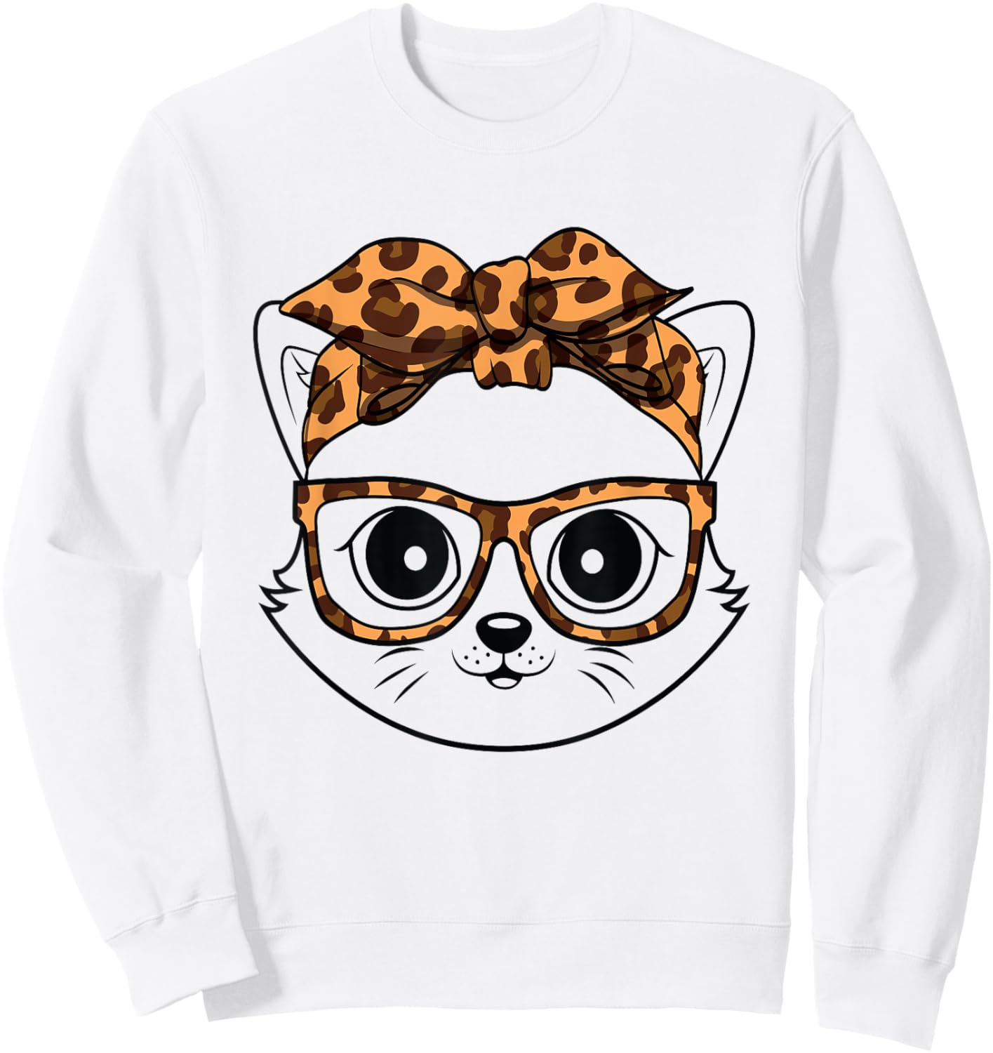 Cute Cat Face Wearing Leopard Print Glasses Sweatshirt - Sweatshirt | White