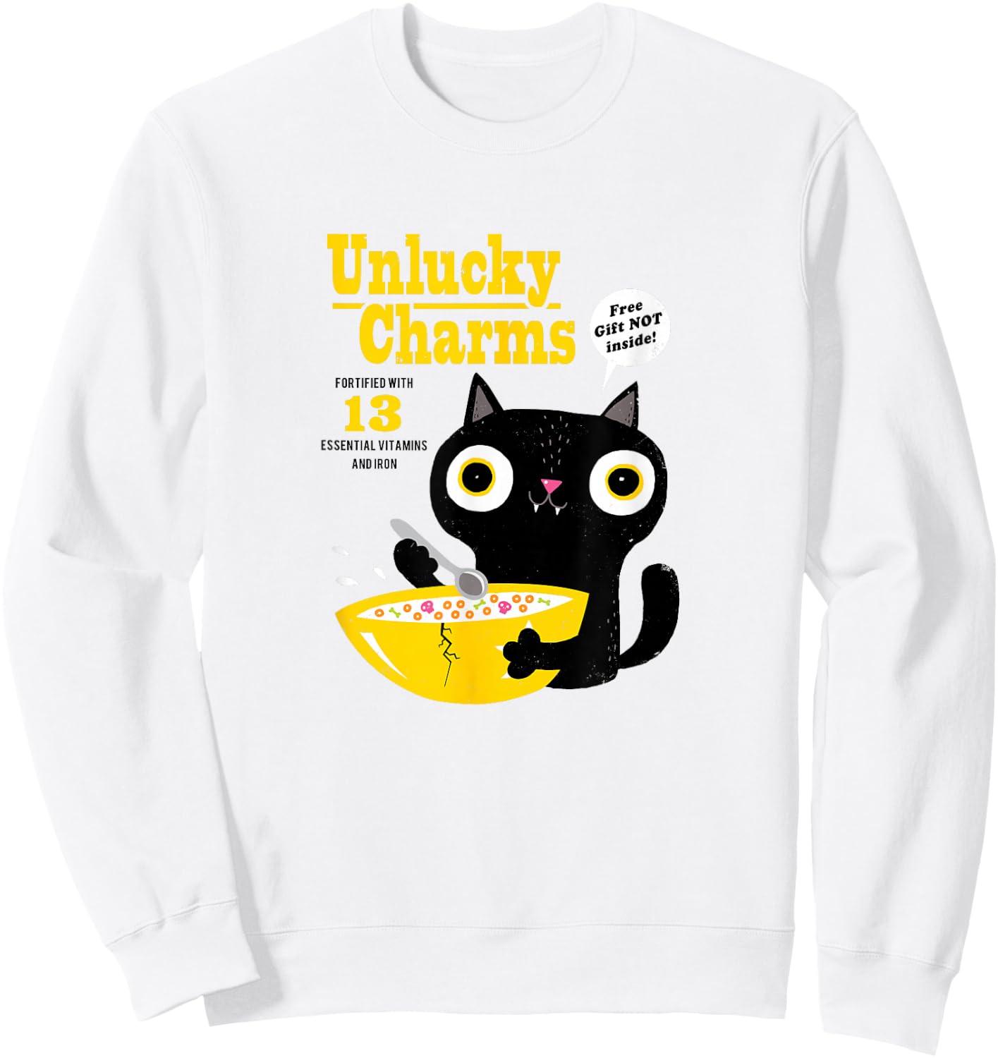 Funny Cat Cereal: Unlucky Charms-Official DinoMike Design Sweatshirt - Sweatshirt | White