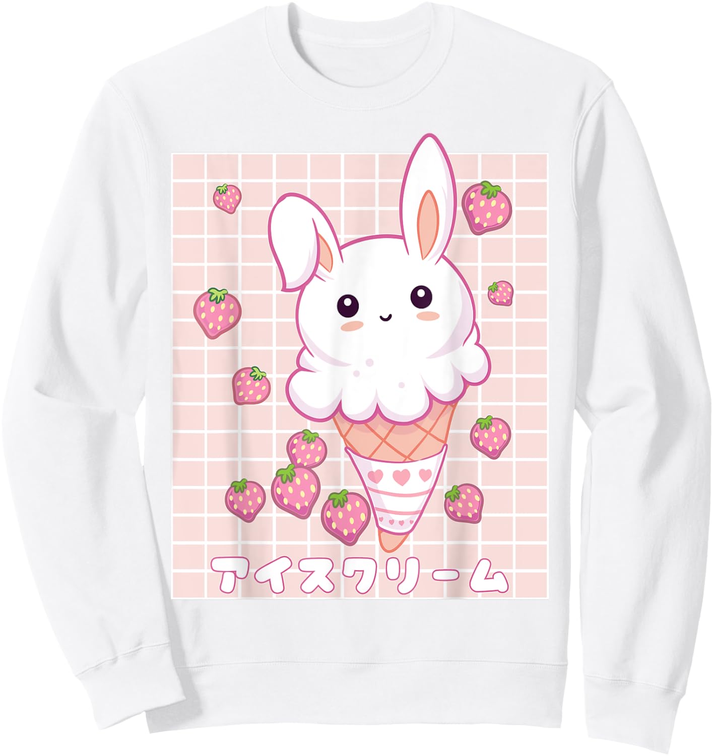 Kawaii Aesthetic Strawberry Ice Cream Bunny Vaporwave Sweatshirt - Sweatshirt | White