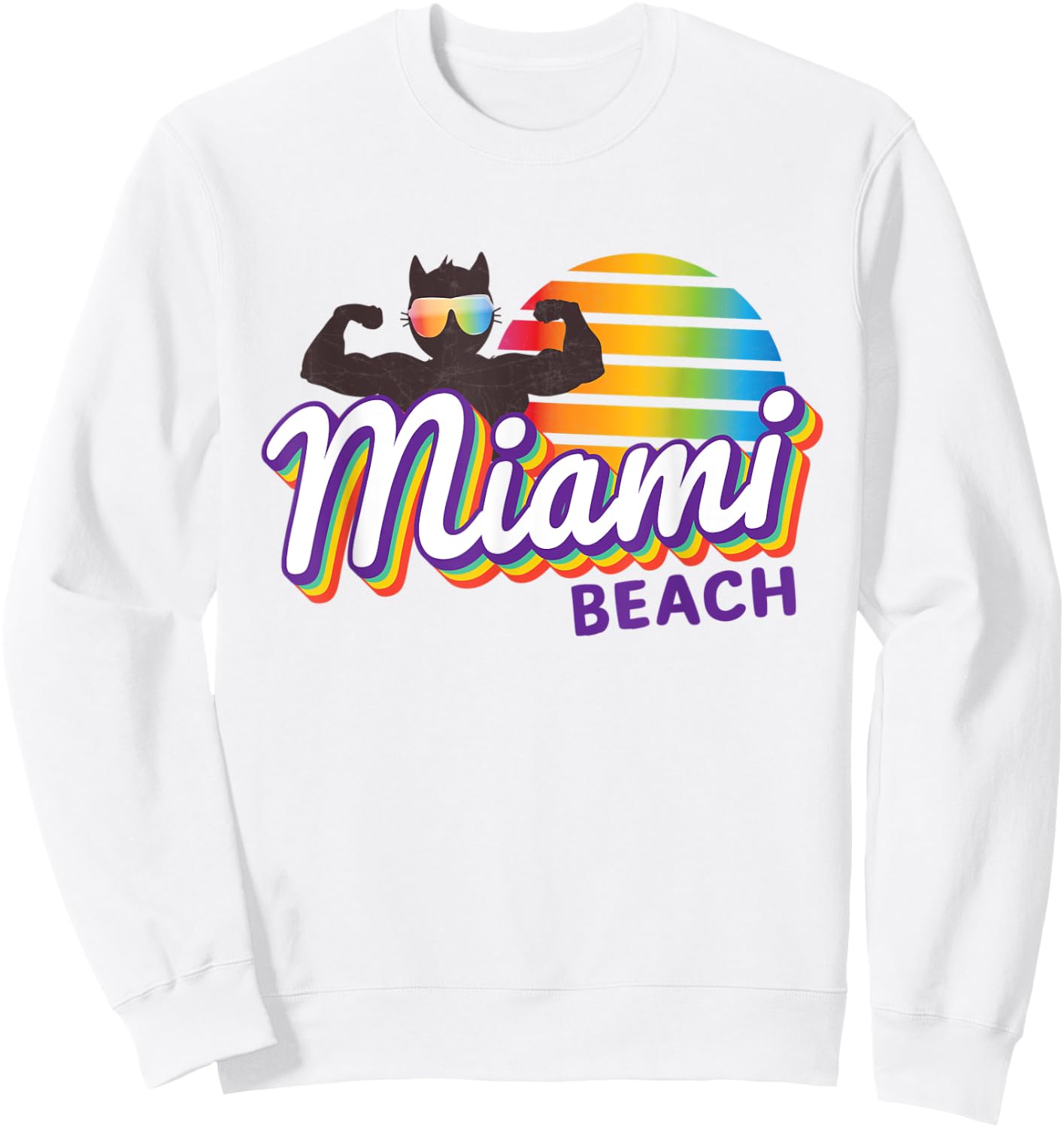 Miami Muscle Cool Retro Cat Weight Lifter MIA (Miami) Cat Sweatshirt - Sweatshirt | White