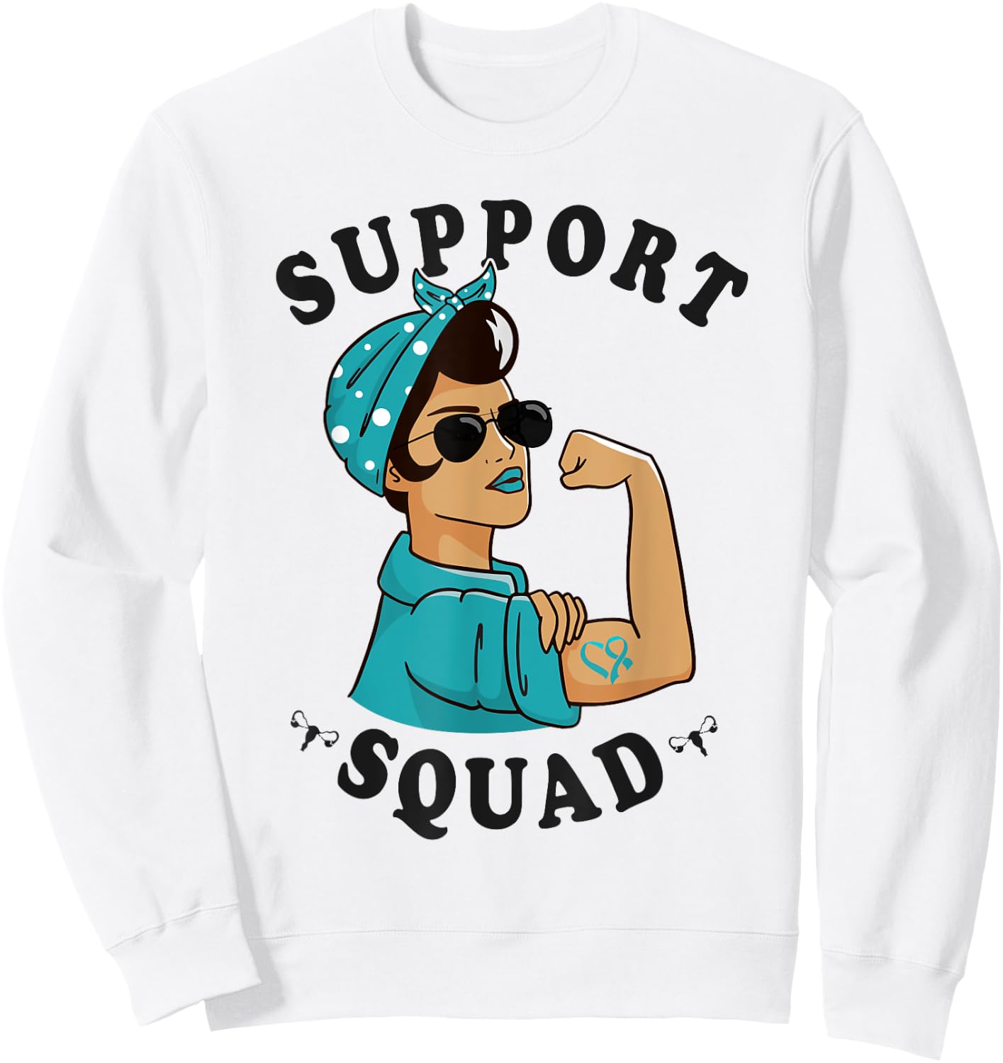 "Support Squad" Teal Ribbon Bandana Women Ovarian Cancer Sweatshirt - Sweatshirt | White