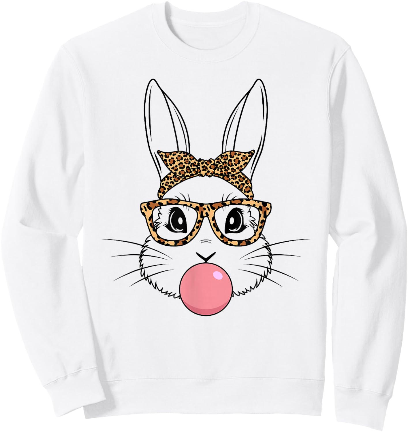 Bunny Face With Glasses Leopard Print Happy Easter Day Women Sweatshirt - Sweatshirt | White