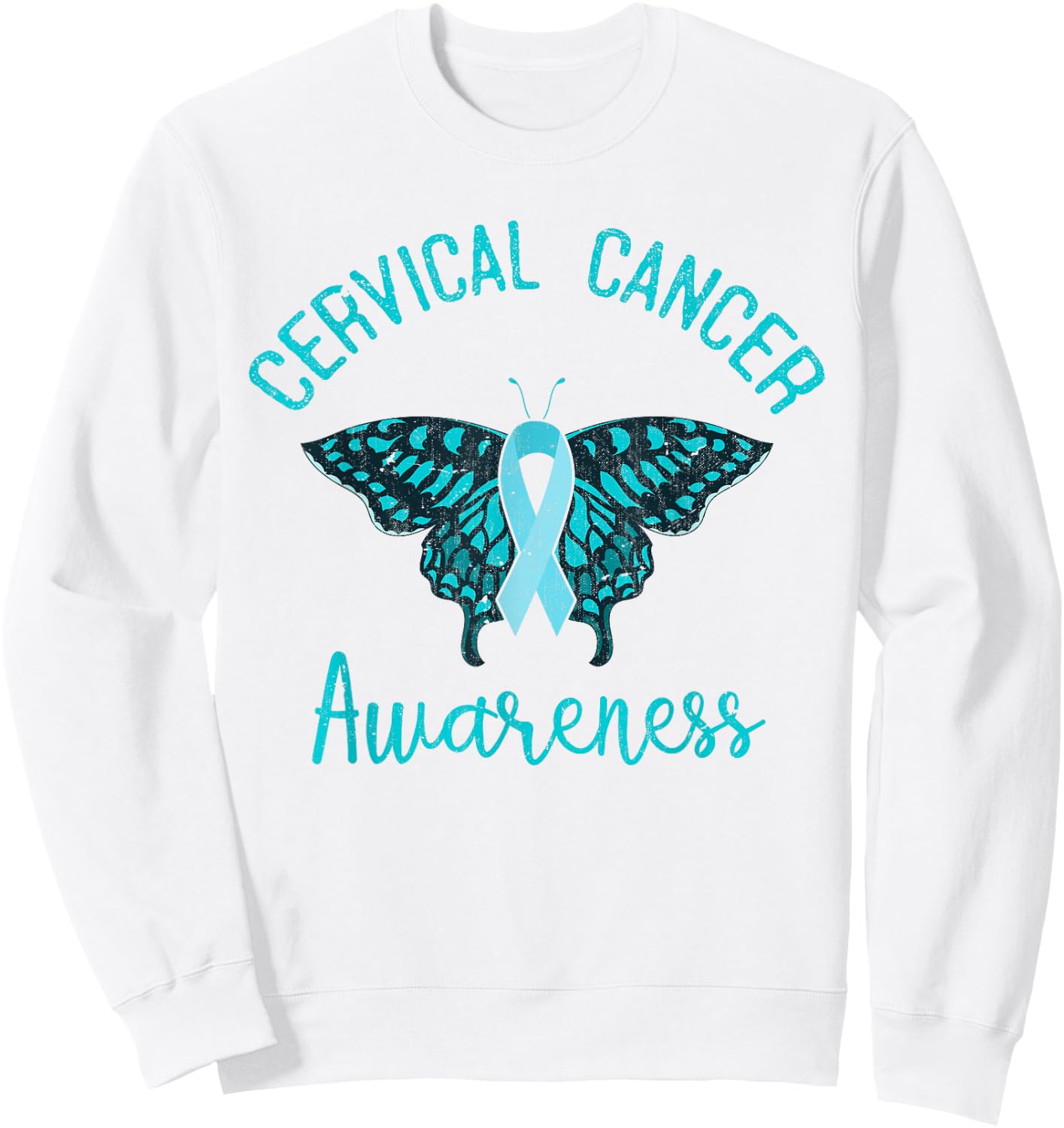Teal Ribbon Butterfly Cancer Fight Cervical Cancer Awareness Sweatshirt - Sweatshirt | White