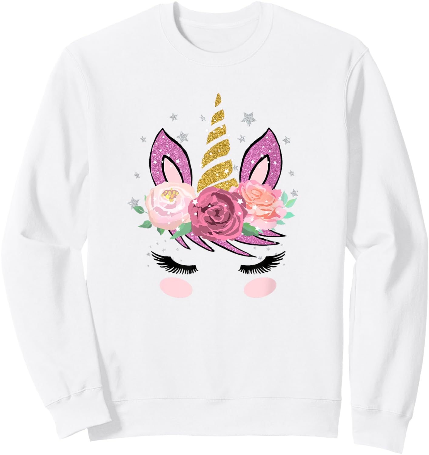 Cute Unicorn Face With Flowers And Beautiful Lashes Gift Sweatshirt - Sweatshirt | White