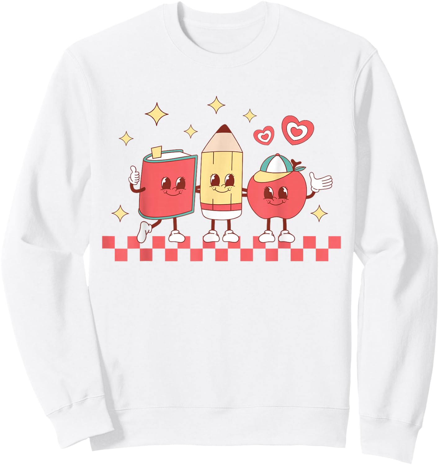 Cute Retro Checkered Apple with Face Teacher Pencil Trendy Sweatshirt - Sweatshirt | White