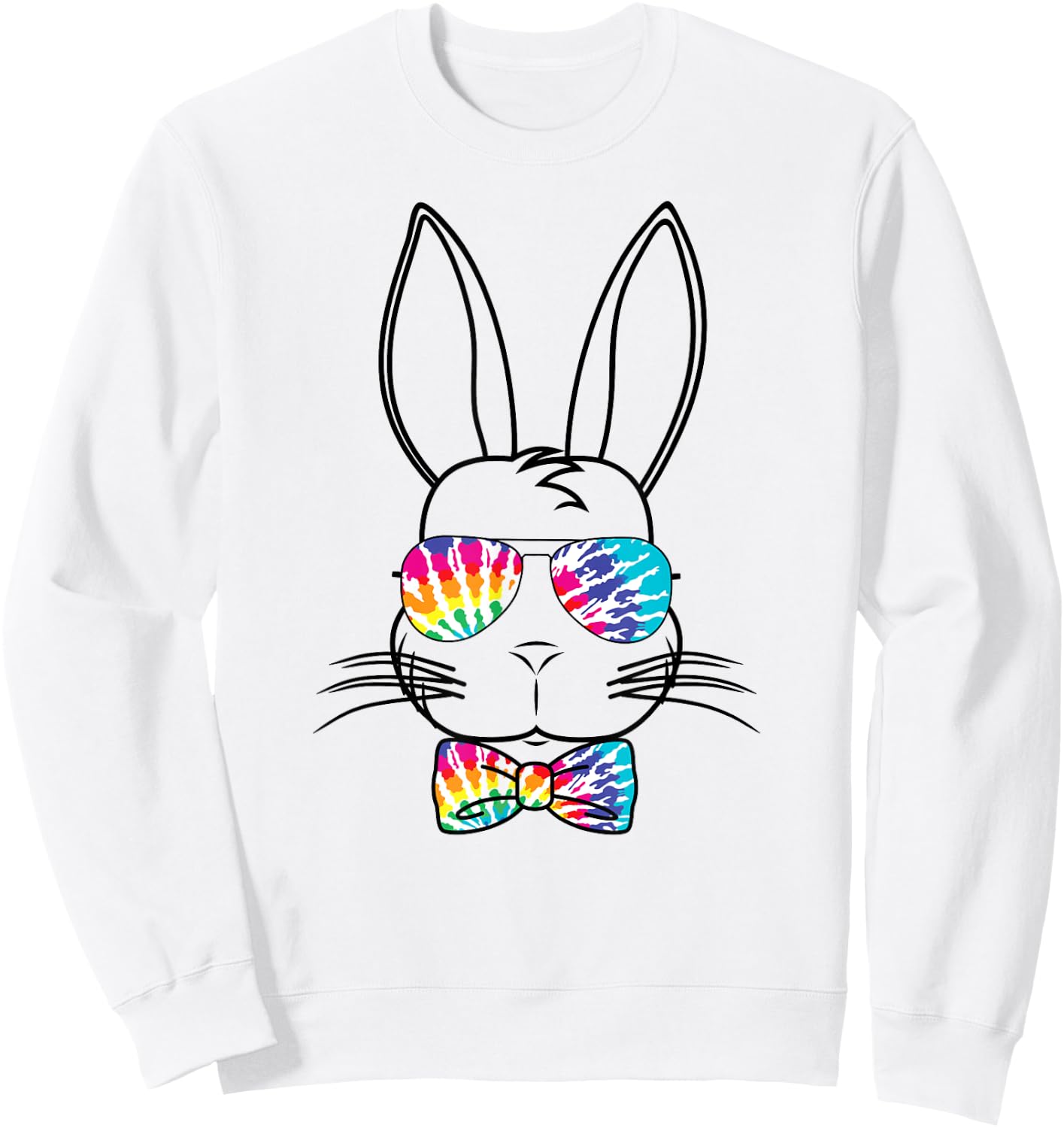Bunny Face With Tie Dye Sunglasses & Bow Tie Easter Rabbit Sweatshirt - Sweatshirt | White