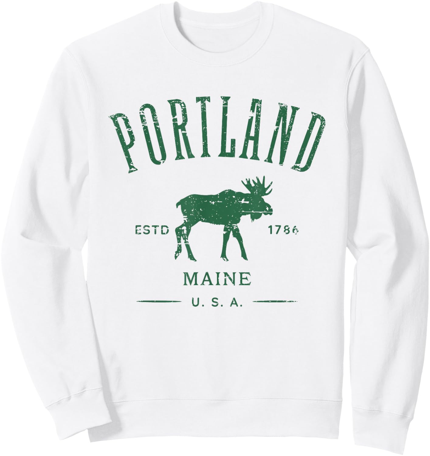 Portland Maine USA with Moose Distressed Design Souvenir Sweatshirt - Sweatshirt | White