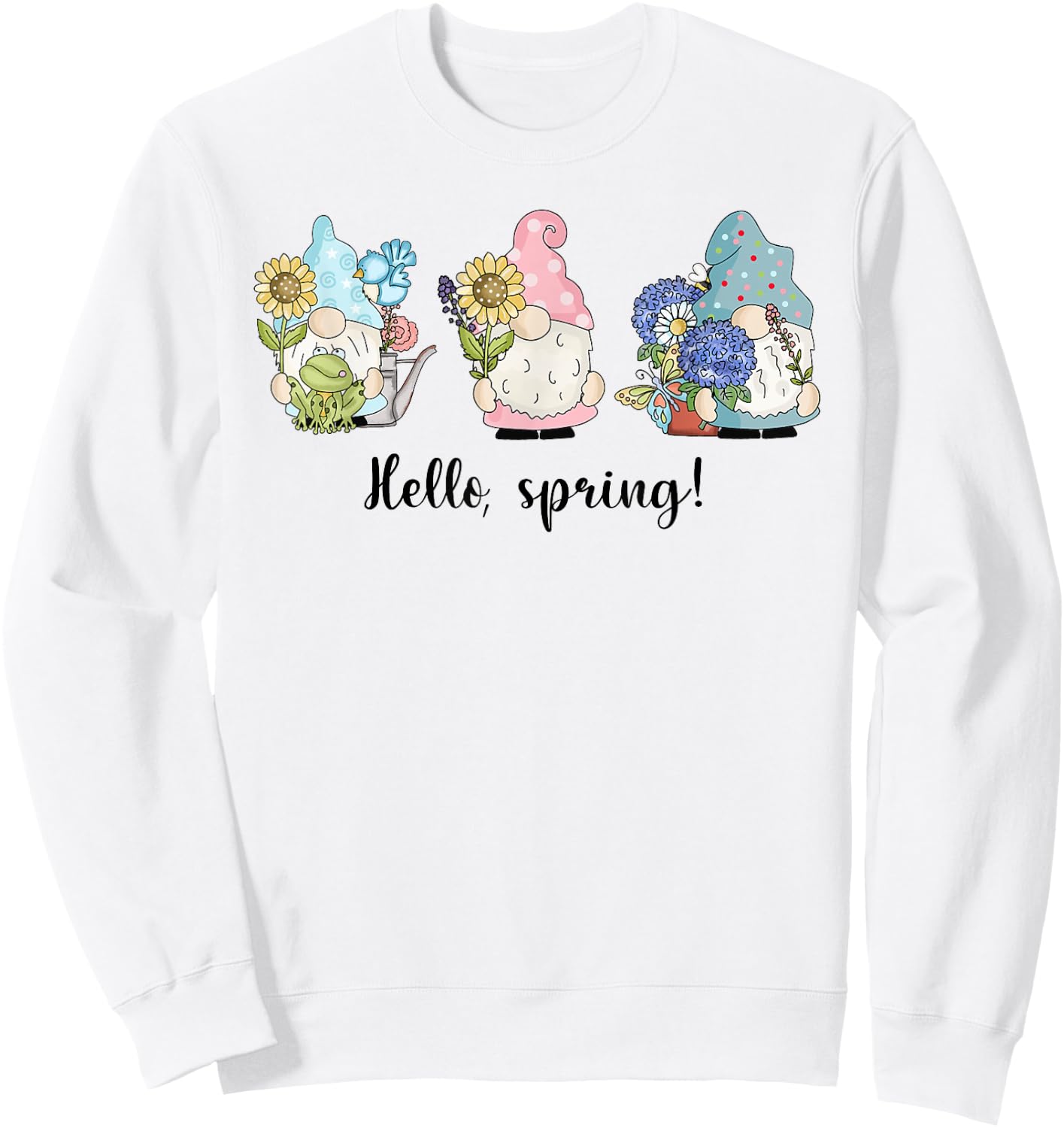 Hello Spring Gnomes with Flowers Butterflies Easter Top Girl Sweatshirt - Sweatshirt | White