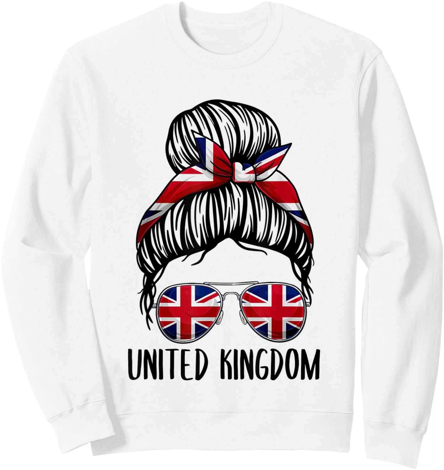 United Kingdom Shirt For Girls Women, Messy Bun British Flag Sweatshirt - Sweatshirt | White