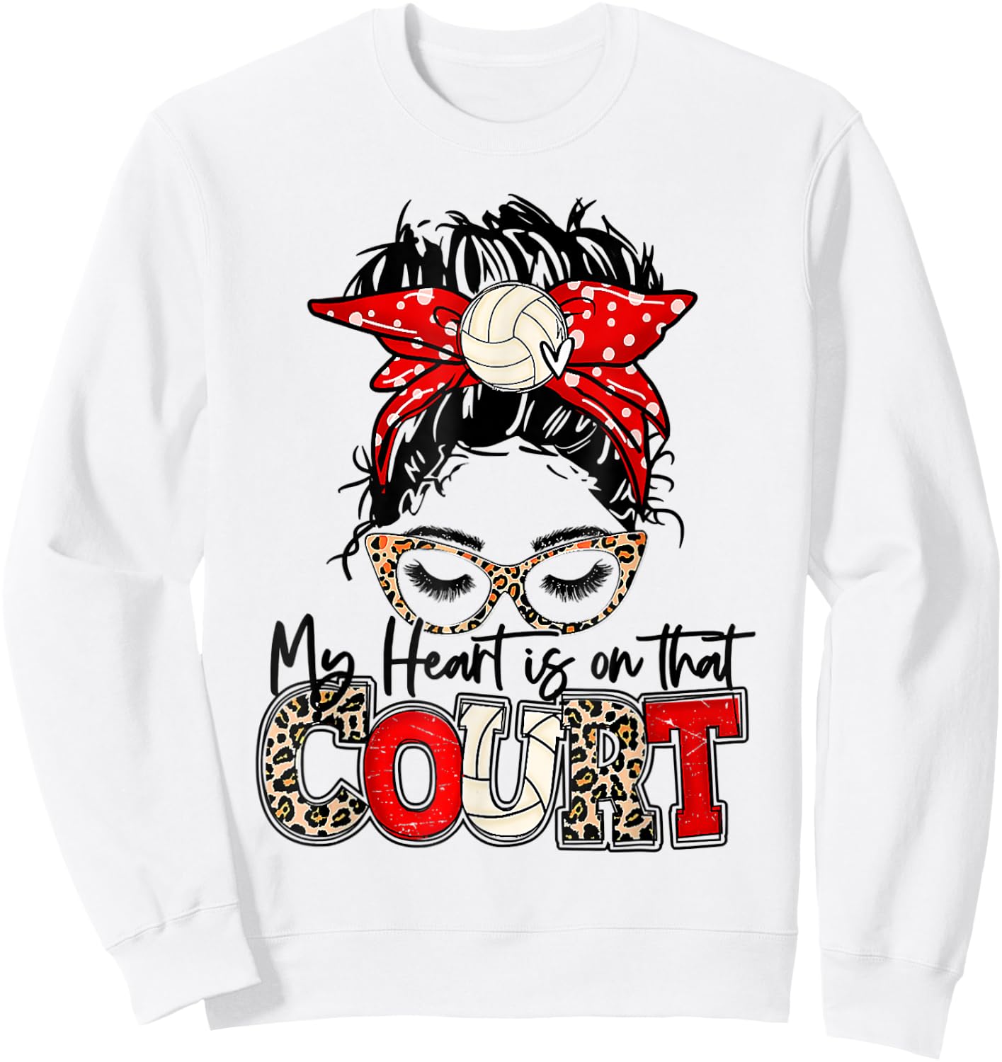 Leopard Messy Bun My Heart Is On That Court Volleyball Vibes Sweatshirt - Sweatshirt | White