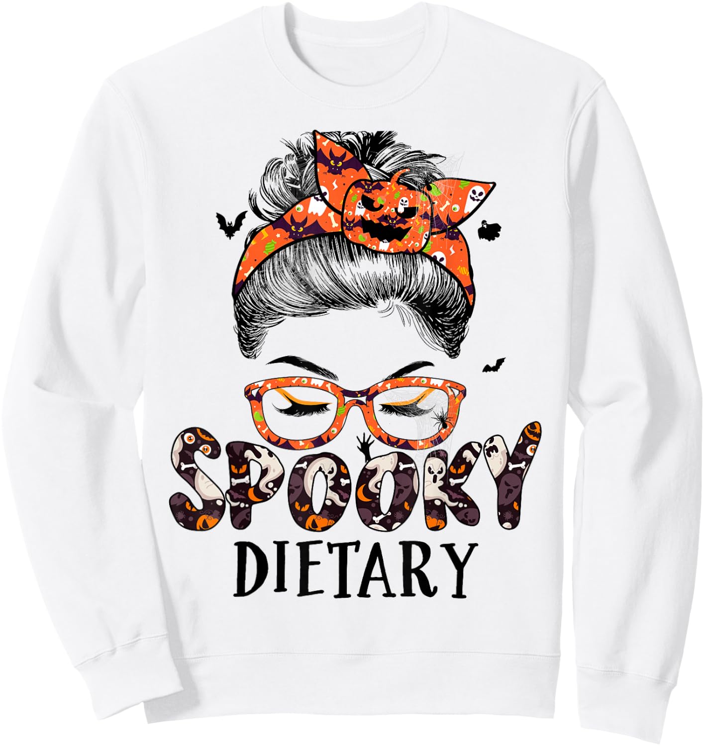 Messy Bun Spooky Dietary Women Pumpkin Halloween Bat Sweatshirt - Sweatshirt | White