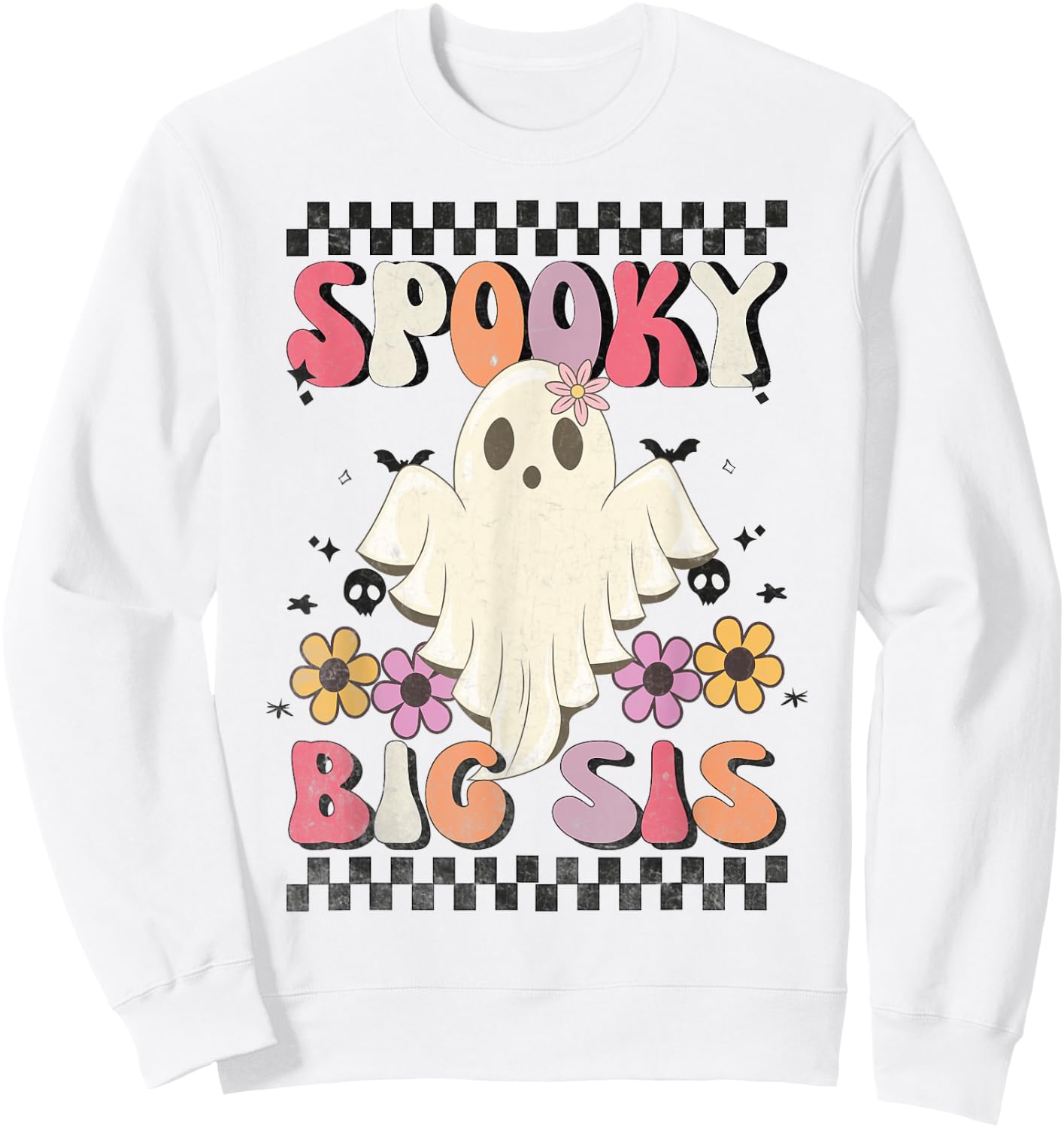Spooky Big Sis Retro Groovy Halloween Big Sister Ghost Sweatshirt - Sweatshirt | White