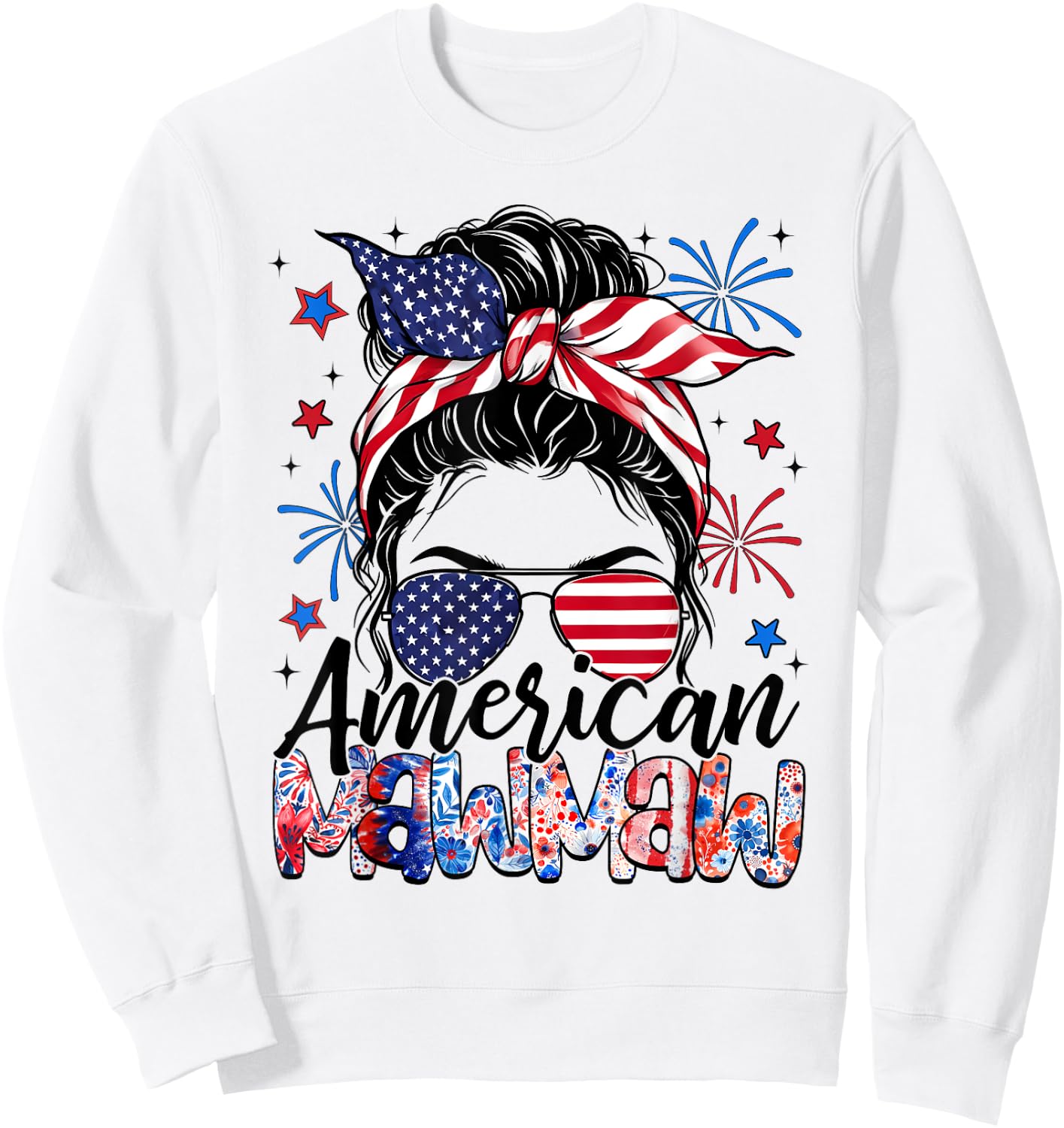 Mawmaw 4th Of July American Flag Patriotic Messy Bun Sweatshirt - Sweatshirt | White