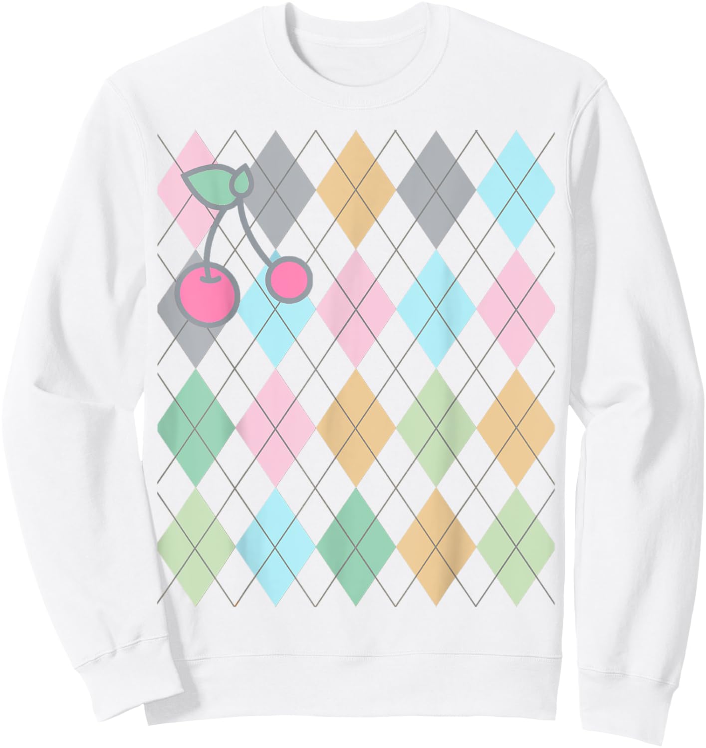 Soft Girl, Preppy Art, Preppy Aesthetic, Argyle, cherries Sweatshirt - Sweatshirt | White