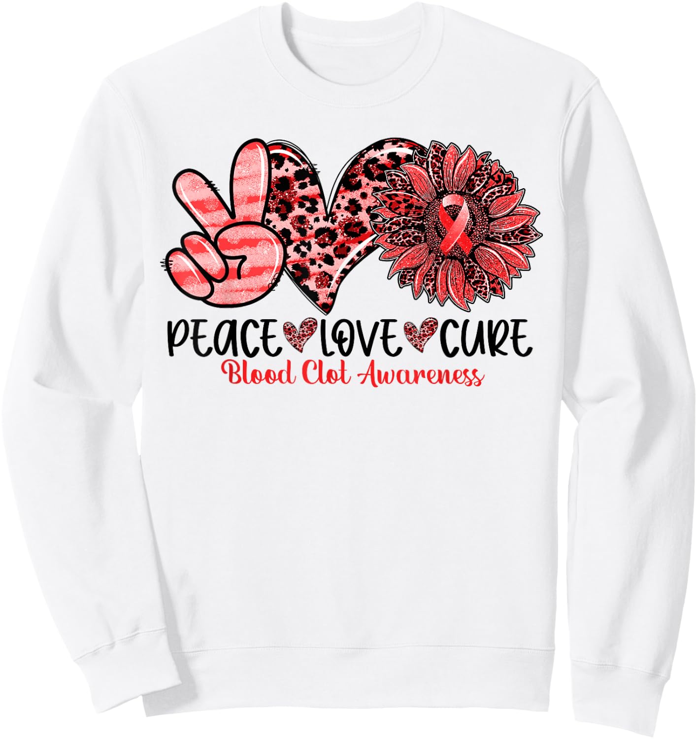 Peace Love Cure Sunflower Red Ribbon Blood Clot Awareness Sweatshirt - Sweatshirt | White