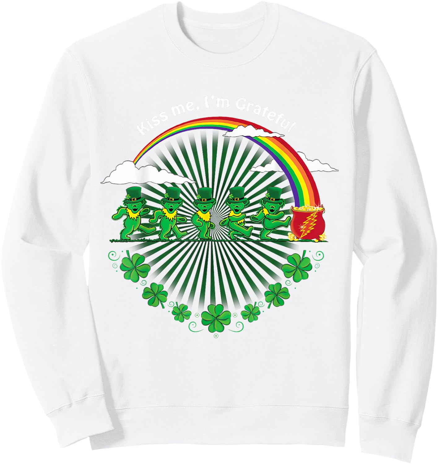 Kiss Me I'm Grateful Leprechauns Rainbow St Patricks Day Sweatshirt - Sweatshirt | White