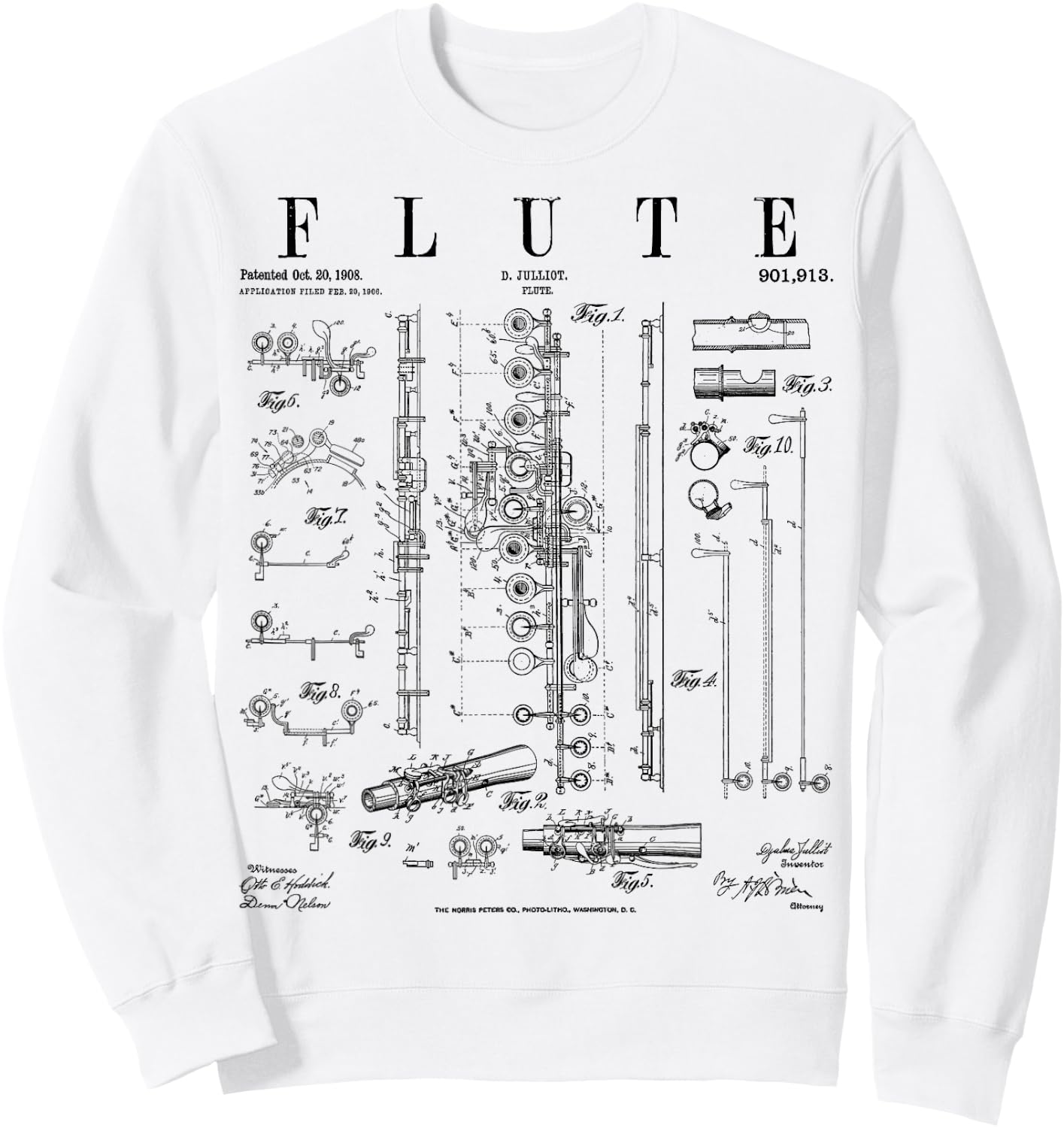 Grandio Design Vintage Patent Drawing Gifts Flute Vintage Patent Flutist Flautist Drawing Print Sweatshirt - Sweatshirt | White