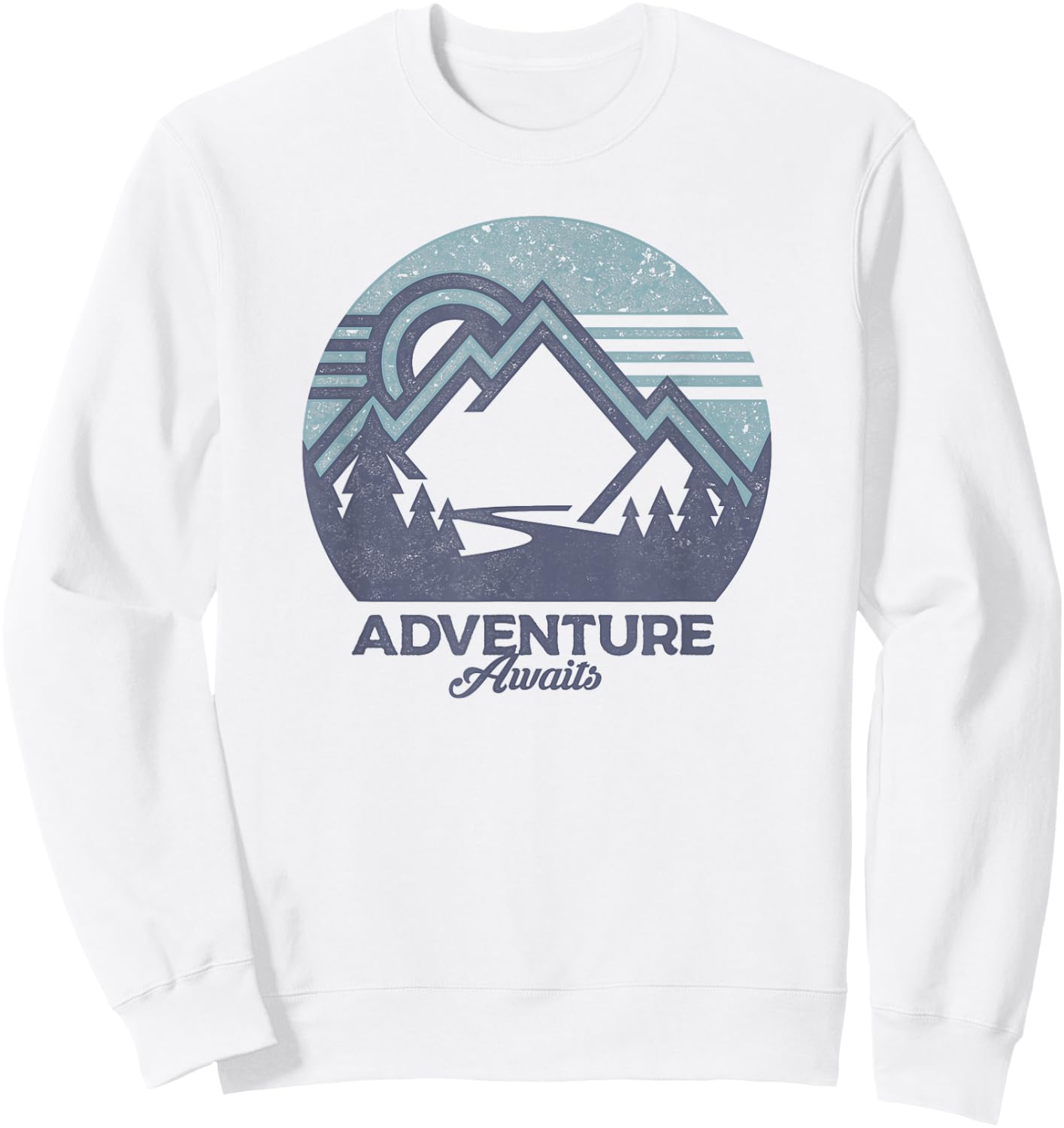 Trendy Adventure Awaits Graphic Blue Mountain Circle Sweatshirt - Sweatshirt | White