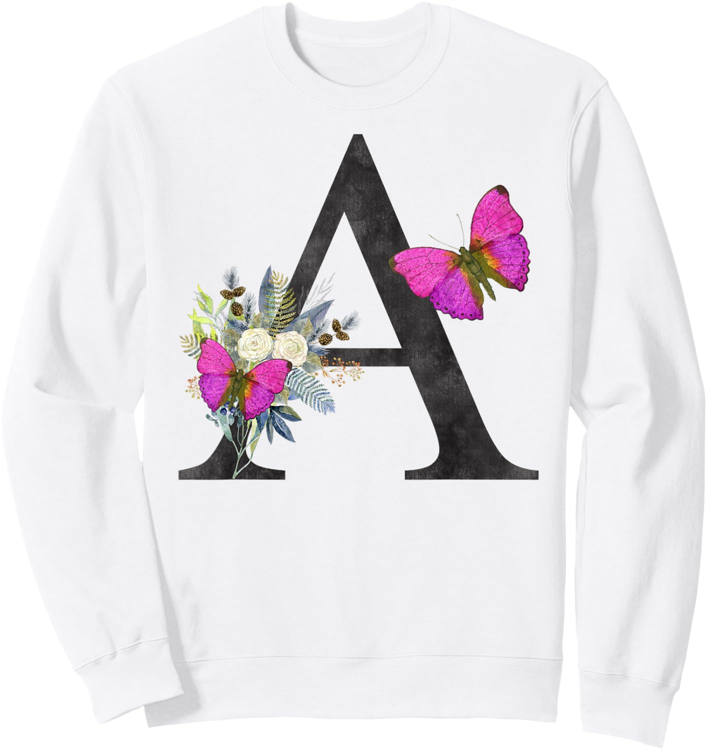 Initial A Letter Butterfly Rose Flowers Watercolor Monogram Sweatshirt - Sweatshirt | White