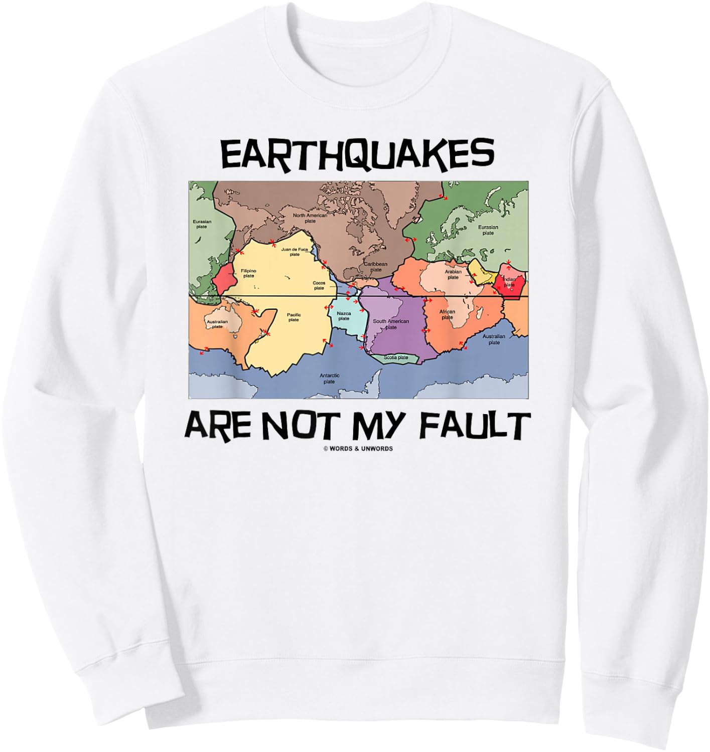 Earthquakes Are Not My Fault Plate Tectonics World Map Sweatshirt - Sweatshirt | White