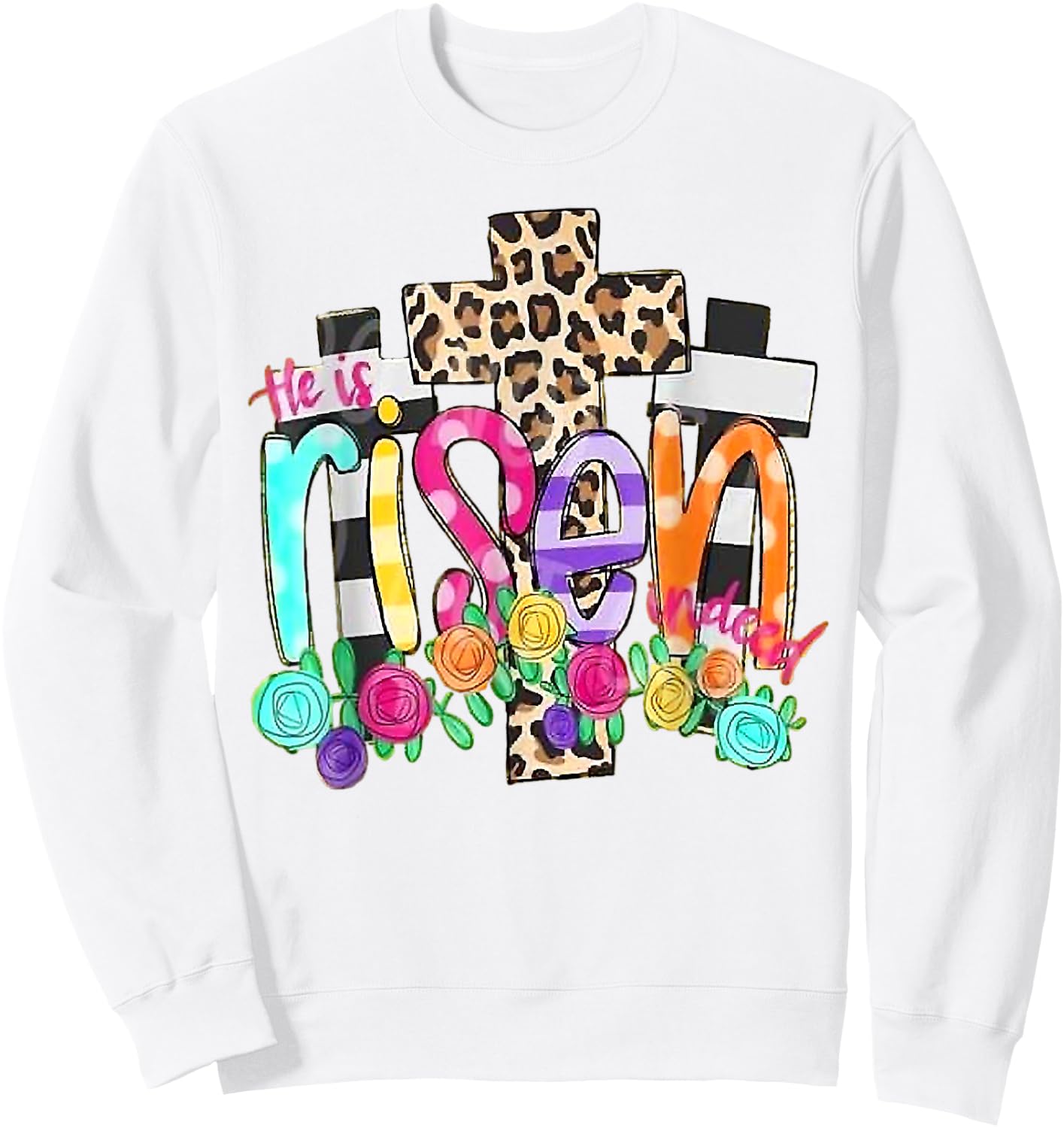 He Is Risen Leopard Cross Christian Jesus Happy Easter Day Sweatshirt - Sweatshirt | White