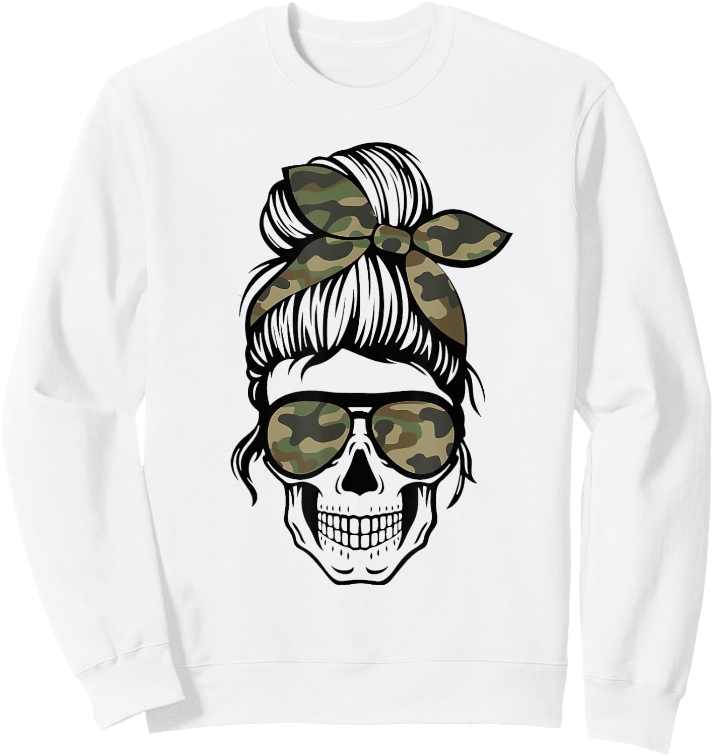 Camo Mom Skull Messy Bun Skull Mom Life Camo Patriotic Men Sweatshirt - Sweatshirt | White