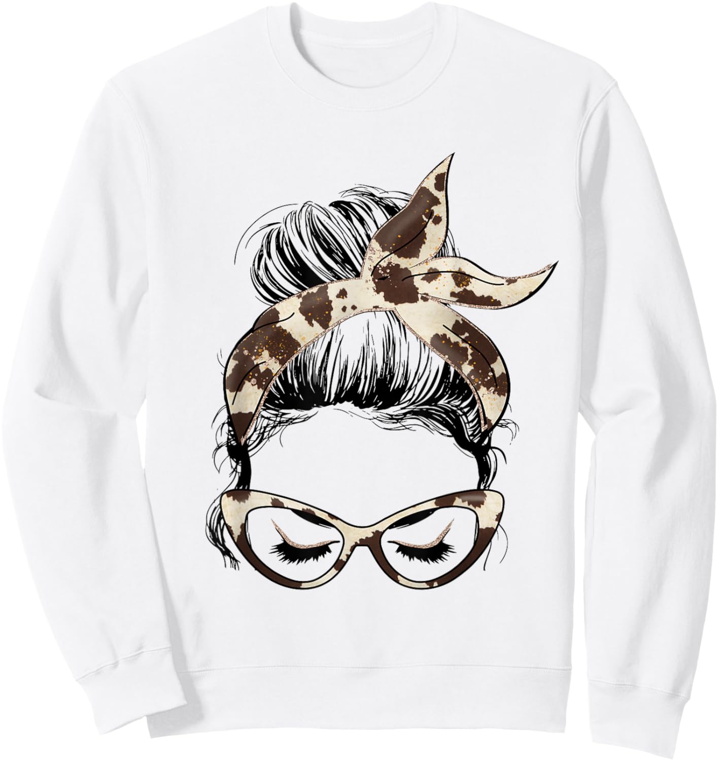 Mom Life Messy Bun Hair Bandana Cow Hide Print Sweatshirt - Sweatshirt | White