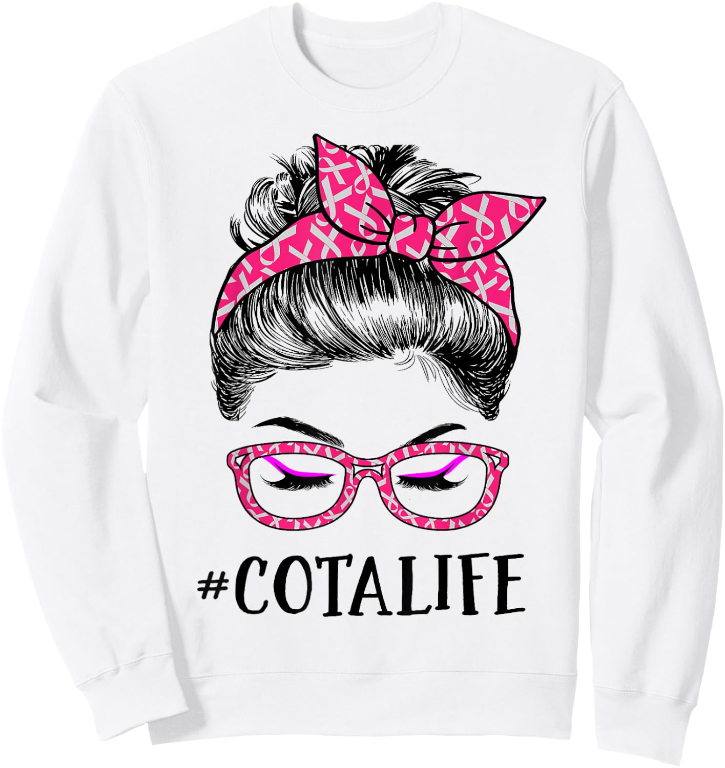 COTA Assistant In October We Wear Pink Messy Bun Cancer Sweatshirt - Sweatshirt | White