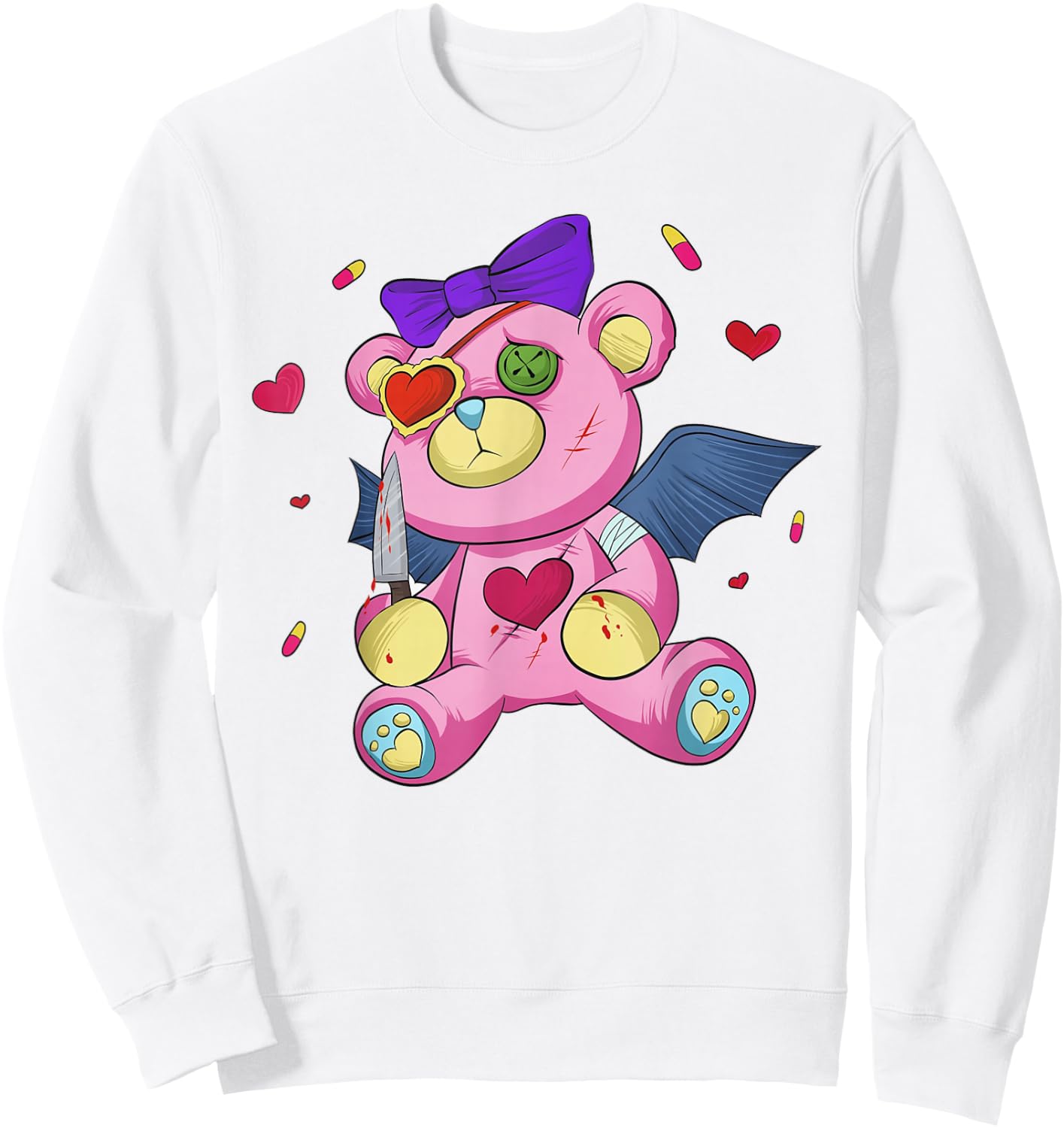Menhera chan Yami Kawaii Pastel Goth Harajuku Teddy Bear Sweatshirt - Sweatshirt | White