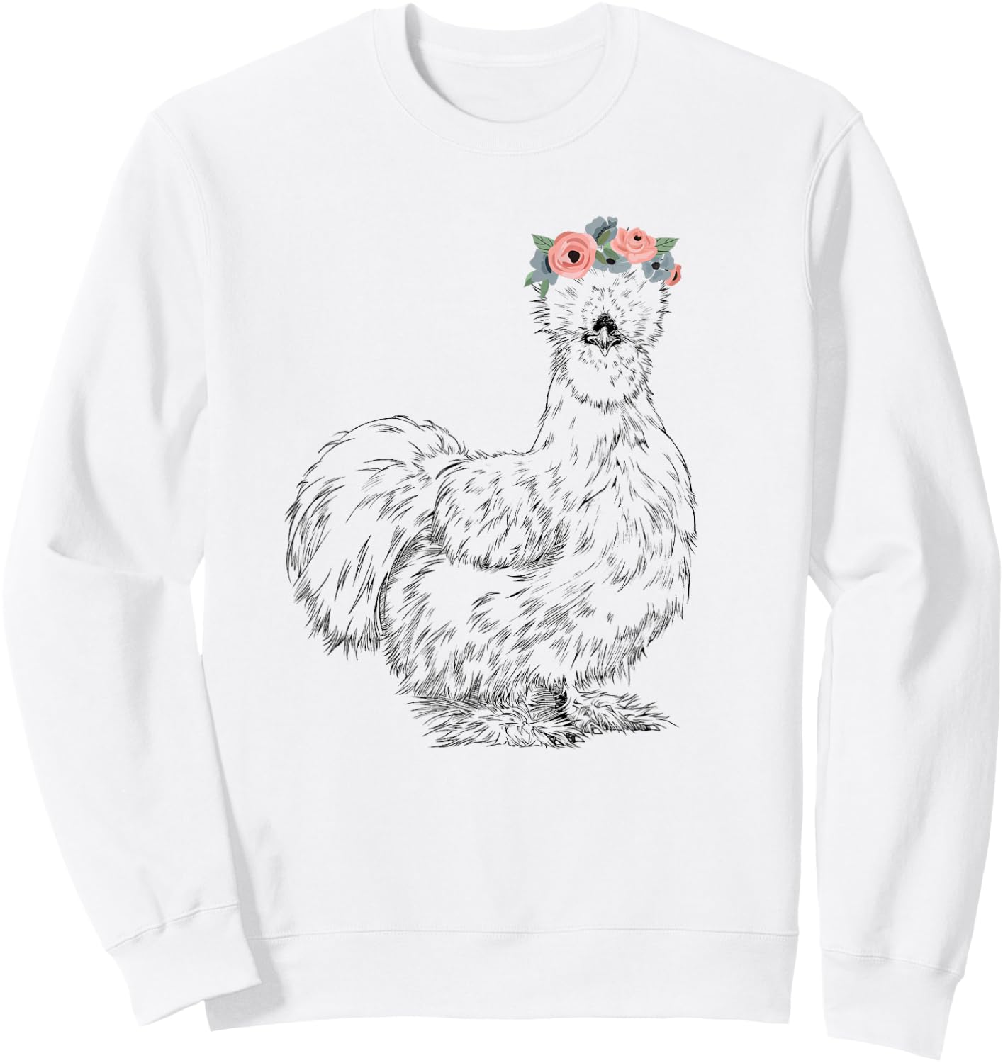 Silkie Chicken with Floral Headband Farm Animal Sweatshirt - Sweatshirt | White