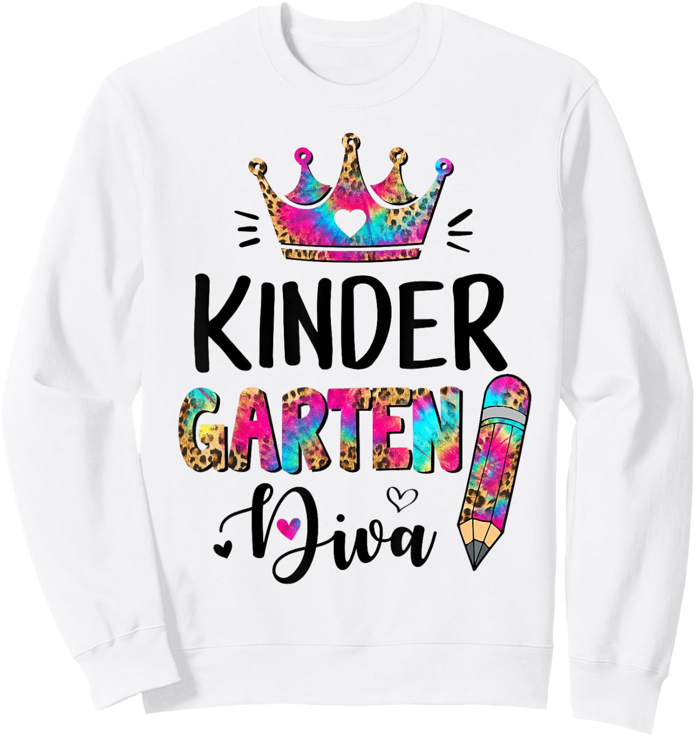 Crush Kindergarten Diva Leopard Tie Dye Back to School Kids Sweatshirt - Sweatshirt | White